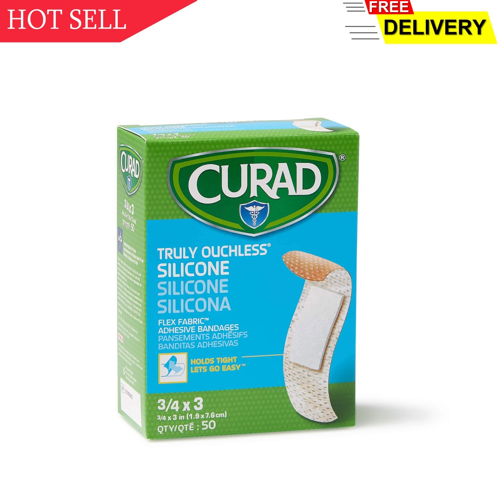CURAD Truly Ouchless Silicone Adhesive Bandages, Fabric Bandages, For Delicat...