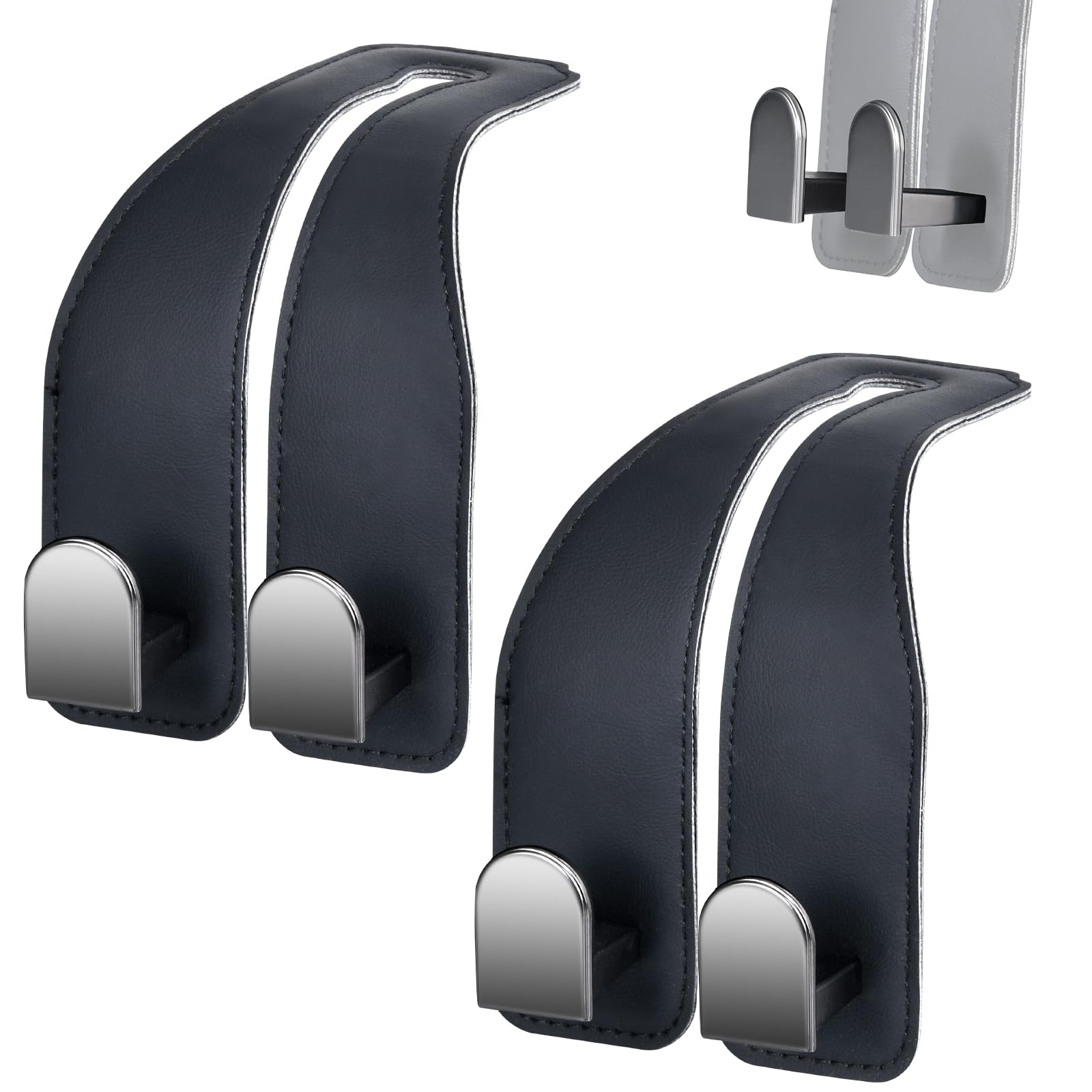 Car Hooks for Headrest, Leather Seat Back Storage Organizer Black-2 Pack