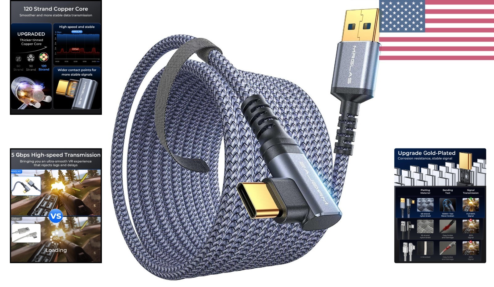 Nylon Braided 16FT Link Cable for Oculus/Steam VR - 30W Fast Charging Capability