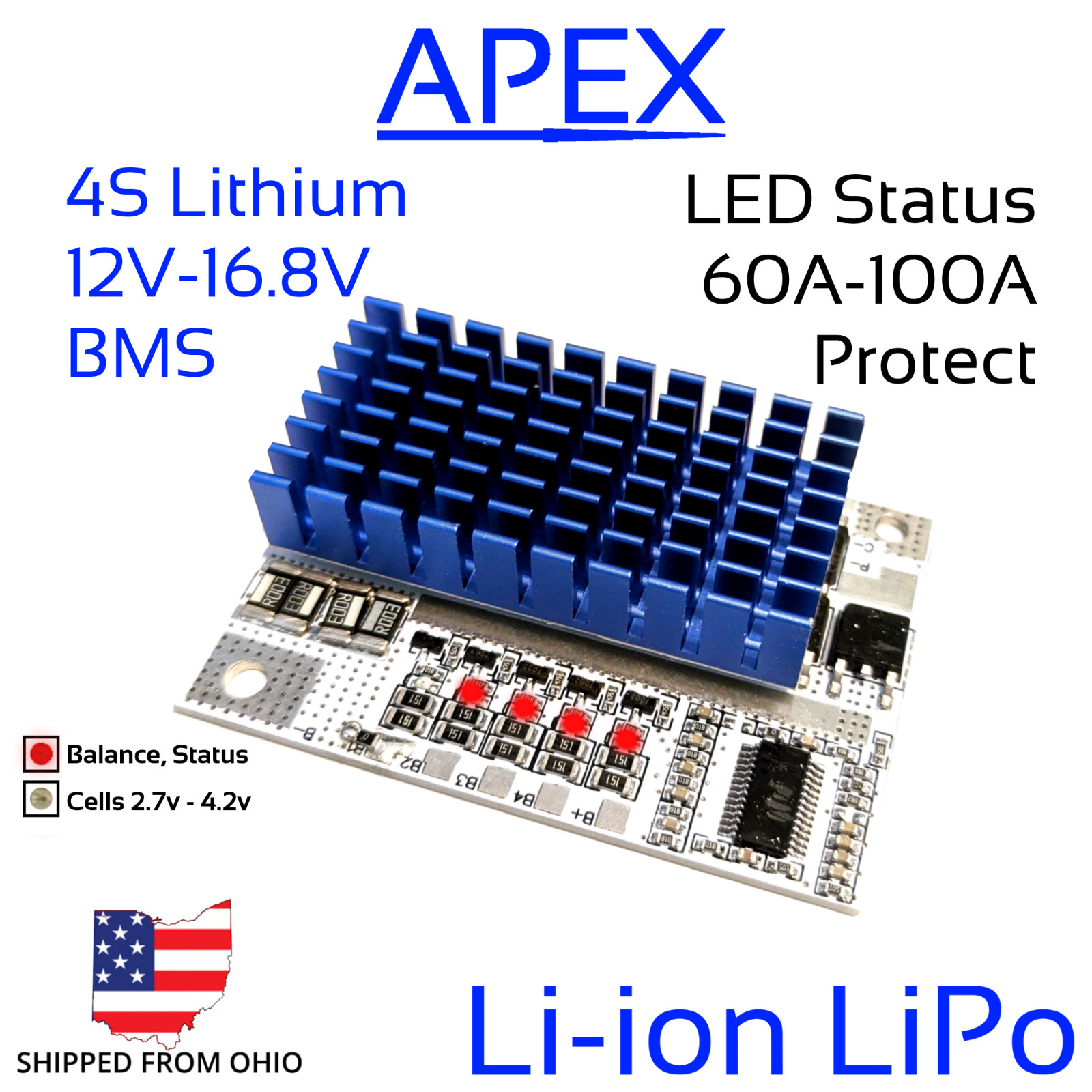 4S 100A 12V 16.8V Li-ion Lithium BMS LED Heatsink Battery Balance