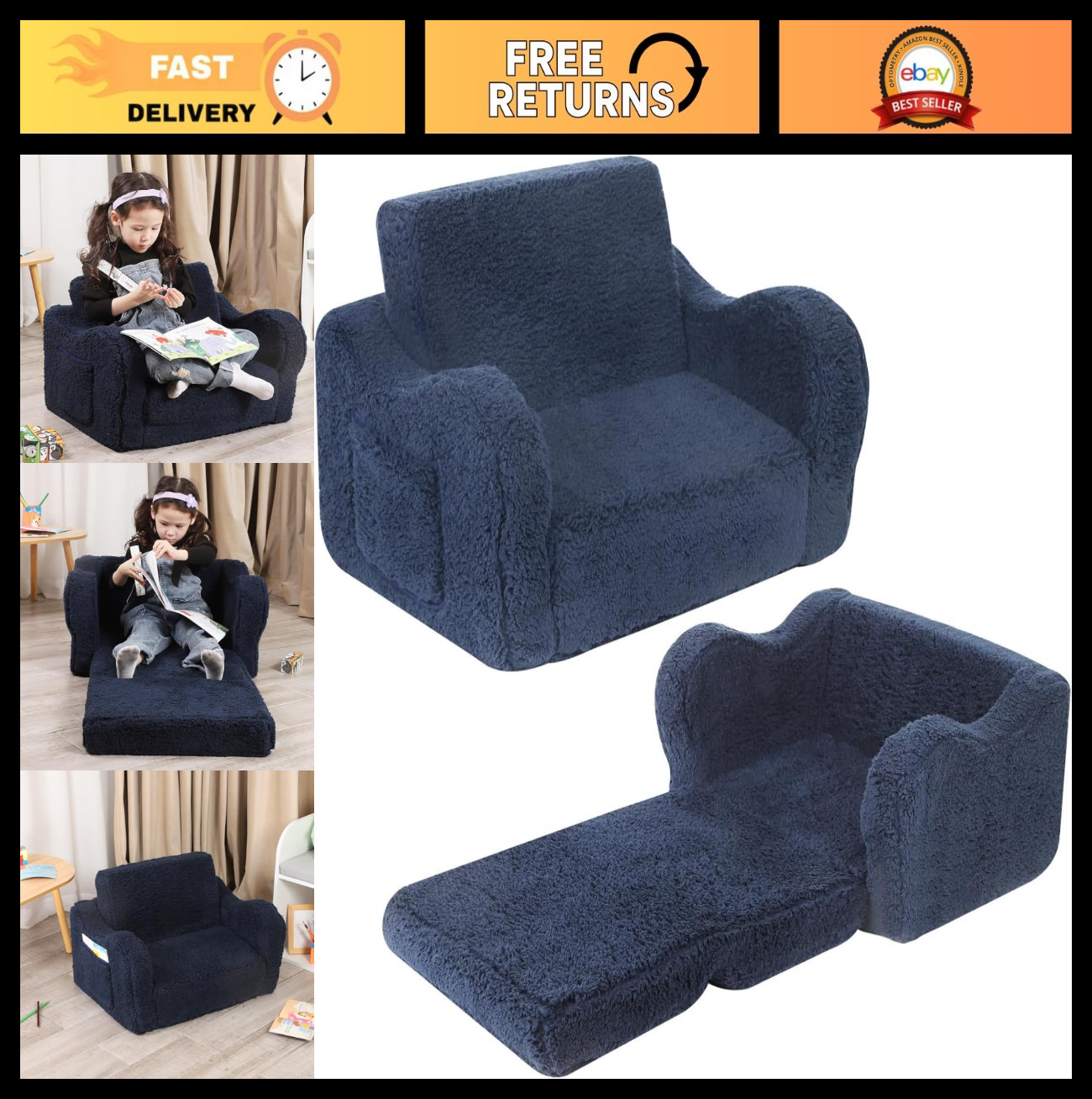 Cozy Kids 2-in-1 Flip-Out Foam Sofa Lounge Chair with Soft Sherpa Cover - Dark B