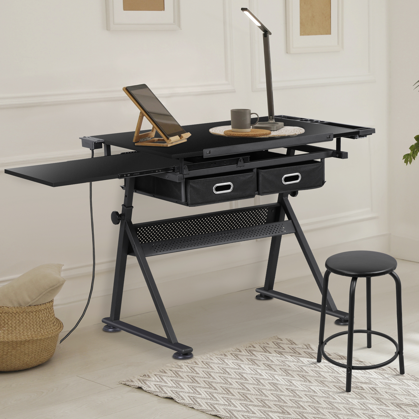 Adjustable Height Drafting Drawing Table Tiltable Tabletop Edge Stopper Black