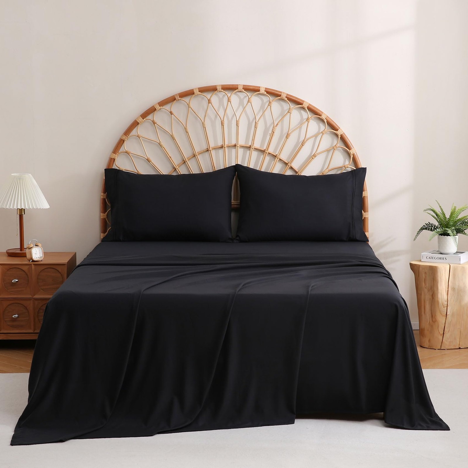 JSD Black King Sheet Set with Side Pocket Corner Straps, 4 Piece King,