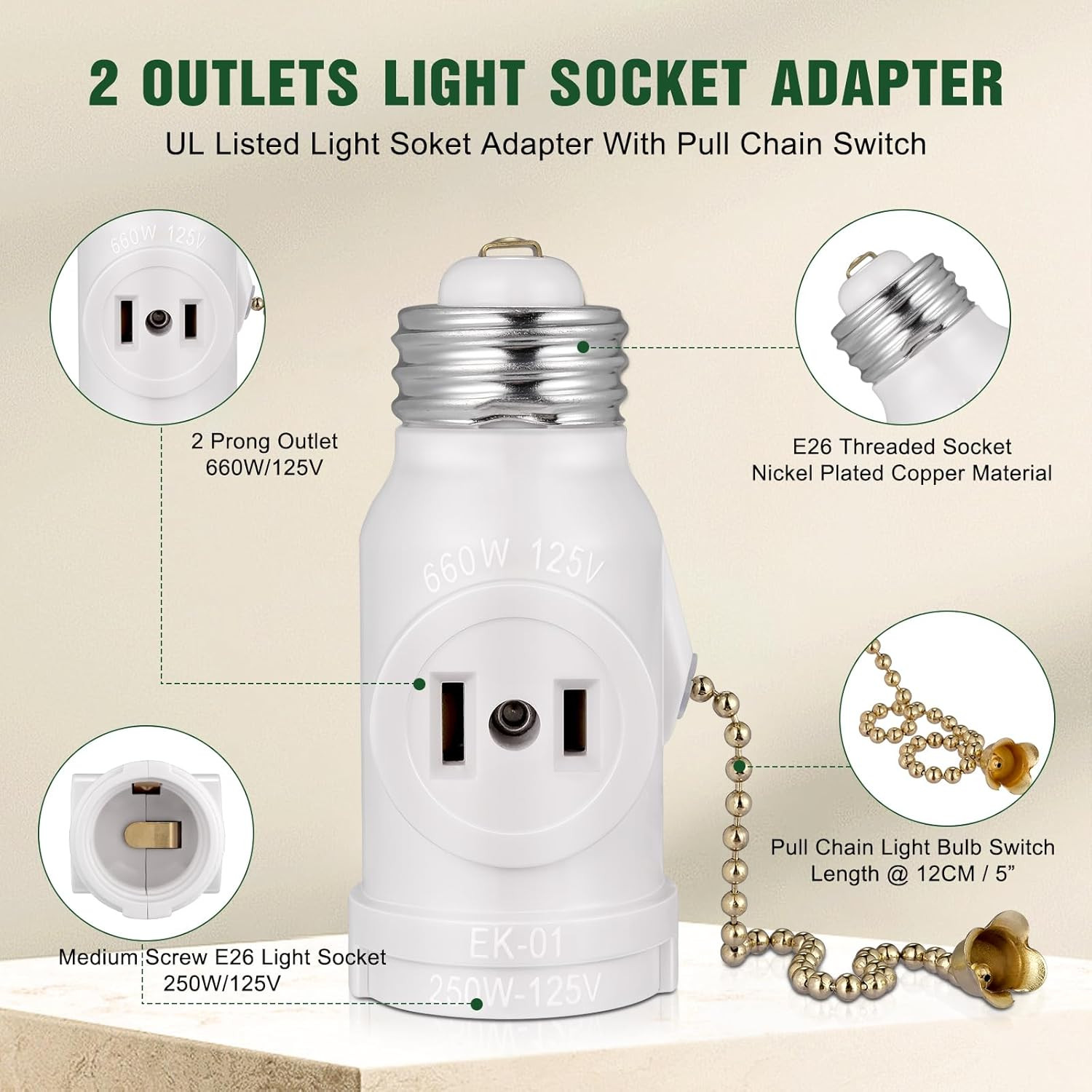 2-Pack E26 Light Socket Adapter - Converts Medium Screw Socket to Two Outlets wi