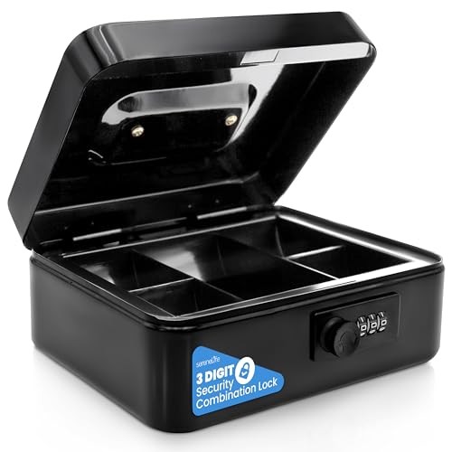 Serenelife 8" Metal Cash Box with Lock- Cash Safe Lock Box w/ Money Tray - Black