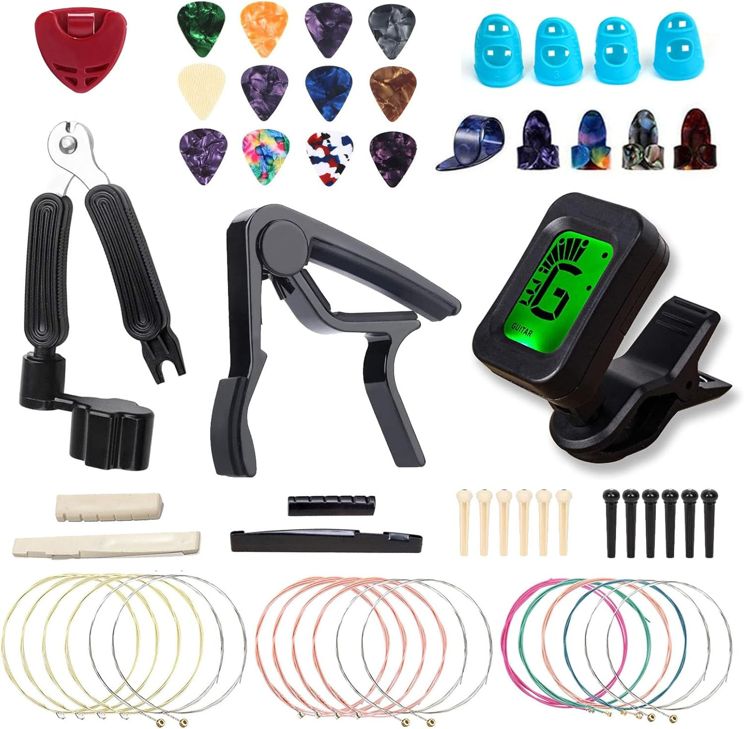 Guitar Accessories Kit with Guitar Strings,Guitar Tuner,Guitar Capo,3-in-1 Restr
