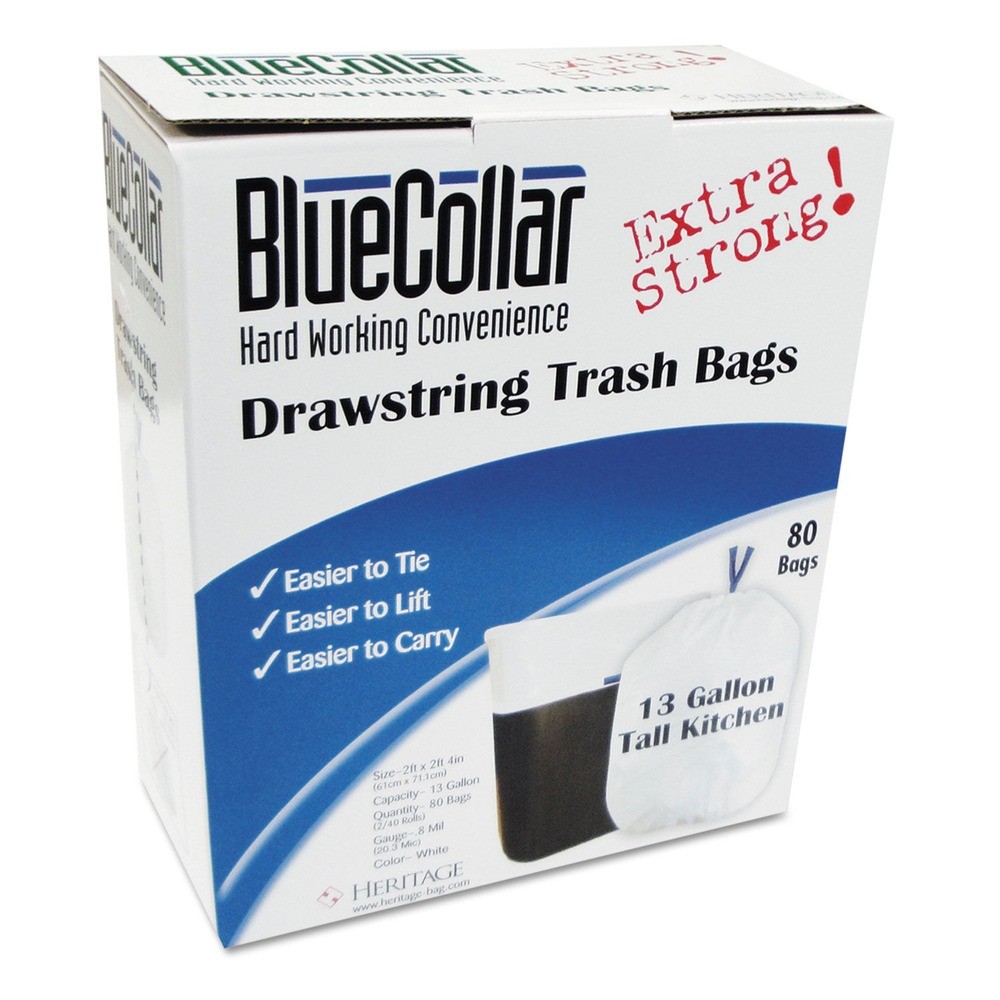 BlueCollar N4828EWRC1 13 gal 0.8 mil Drawstring Trash Bags - White (80/Box) New