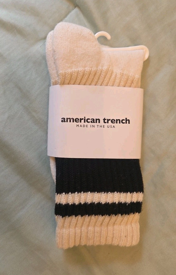 American Trench Unisex Ivory Black Retro Mono Stripe Crew Socks O/S NEW