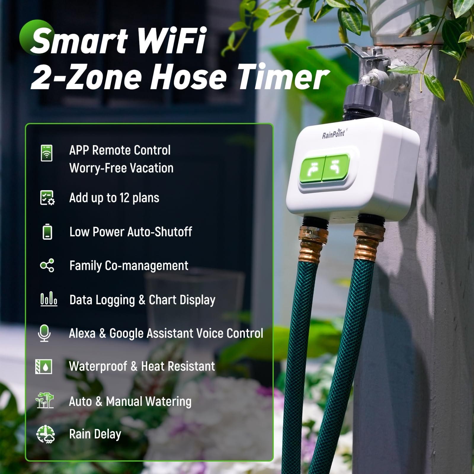 RainPoint 2-zone Wireless Smart Water Timer with Hub for Outdoor Irrigation