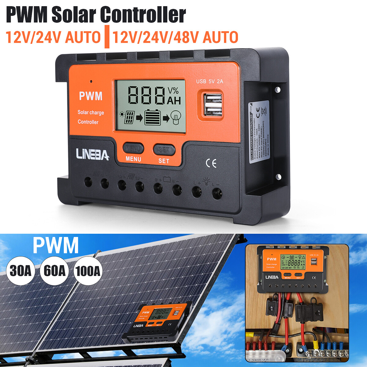 Controlador de carga panel PWM 100A 60A para 12V/24V/48V Pantalla LCD Regulador