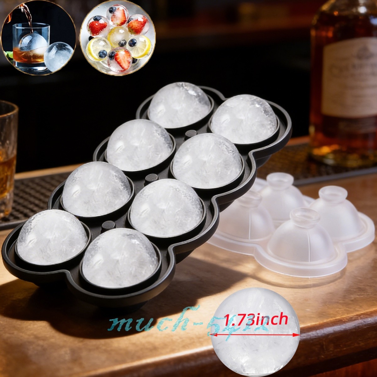 Round Silicone Ice Cube Ball Maker Tray 8 Large Sphere Molds Bar Cocktails w/Lid