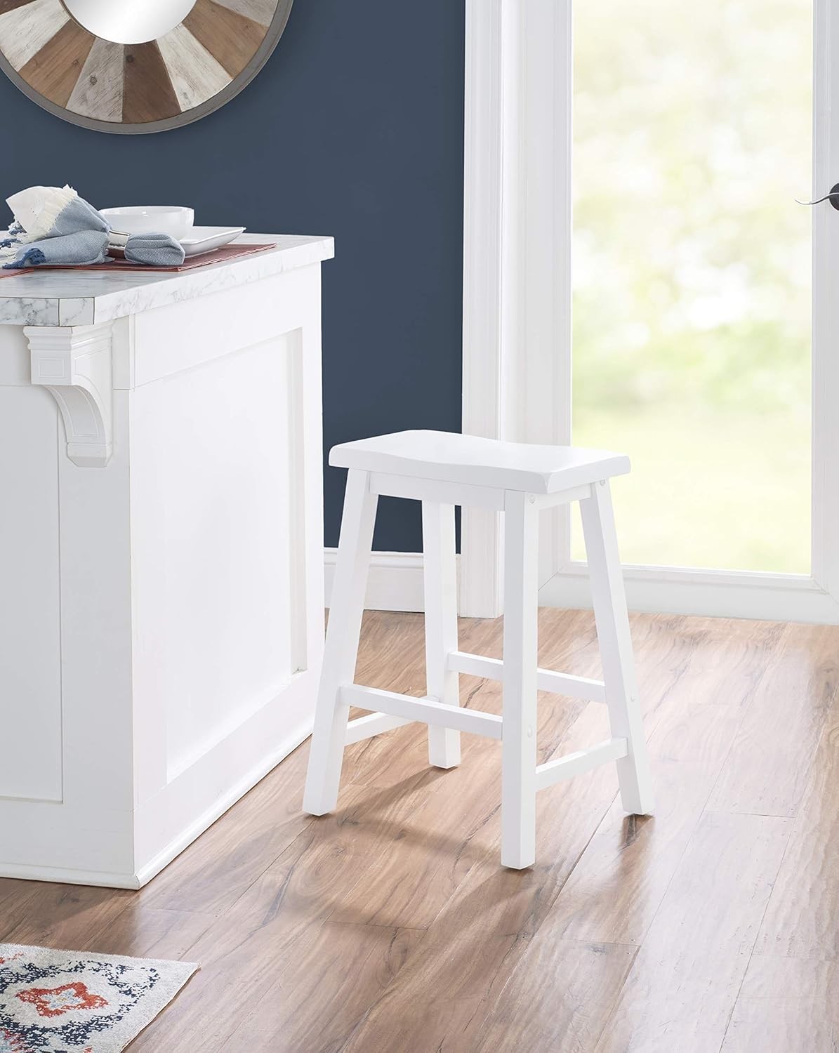 Beamon 24" Sturdy Wood Backless Saddle Seat Counter Stool in Pure White