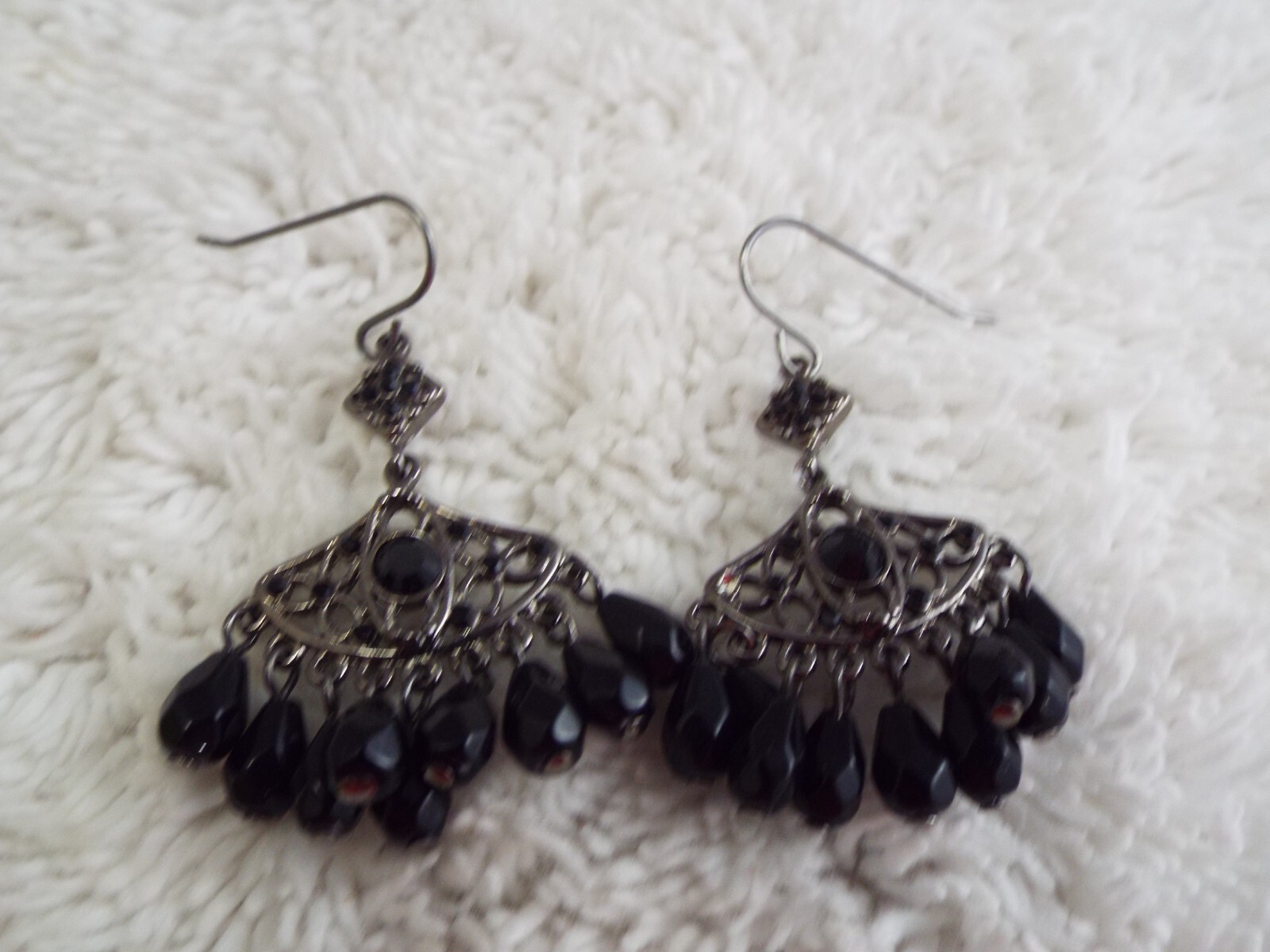 Gunmetal Black Bead Chandelier Pierced Earrings (B49)