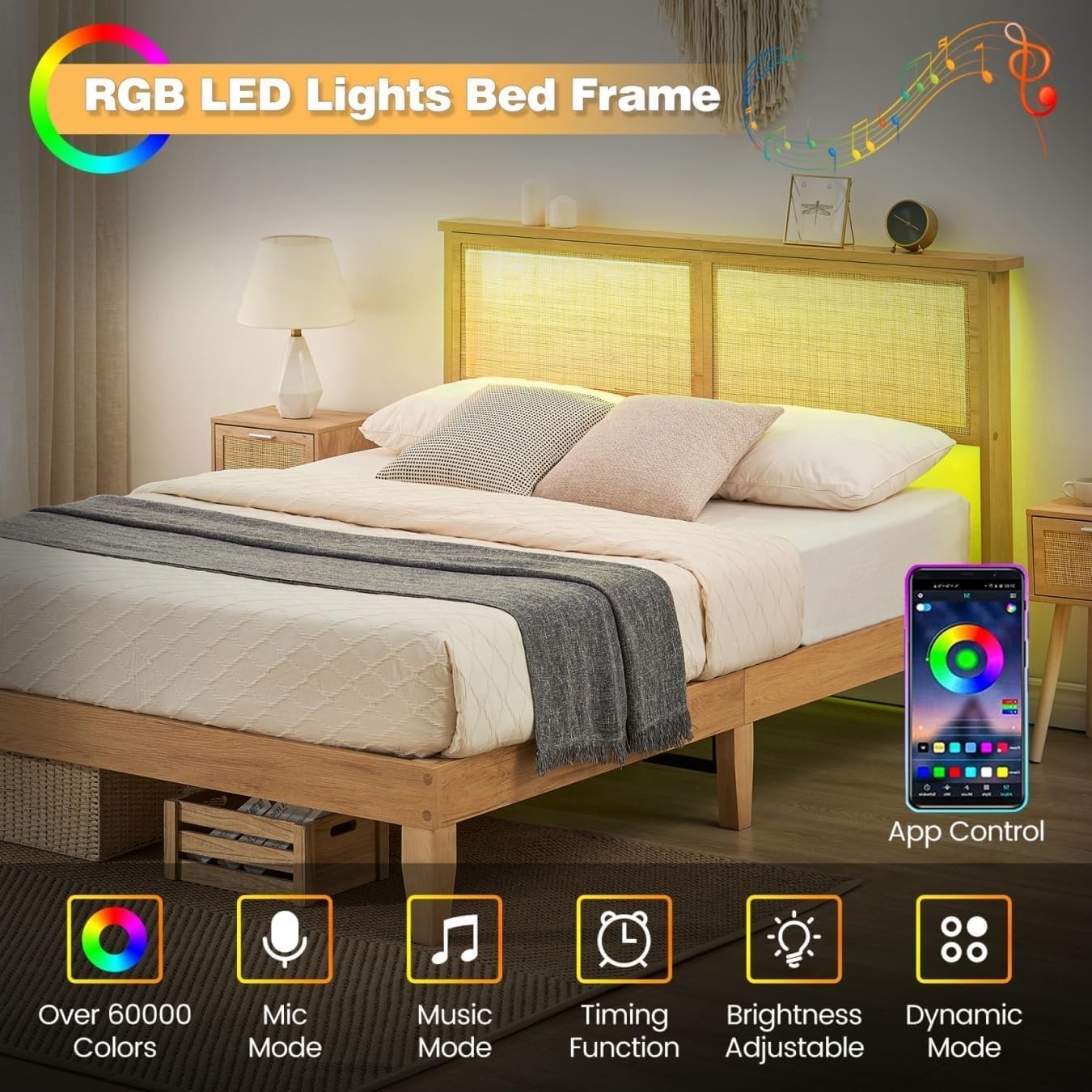 King Size Rattan Bed Frame,with LED Light & Natural Headboard,Easy Assembly NEW