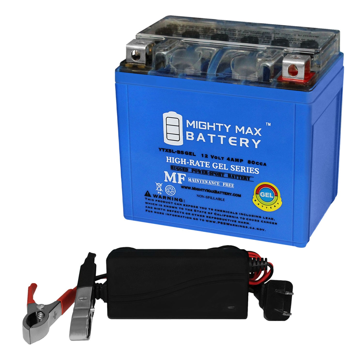 Mighty Max YTX5L-BS GEL Battery Replaces Yamaha 50 YFZ50 17-24 + 12V 1Amp Chargr