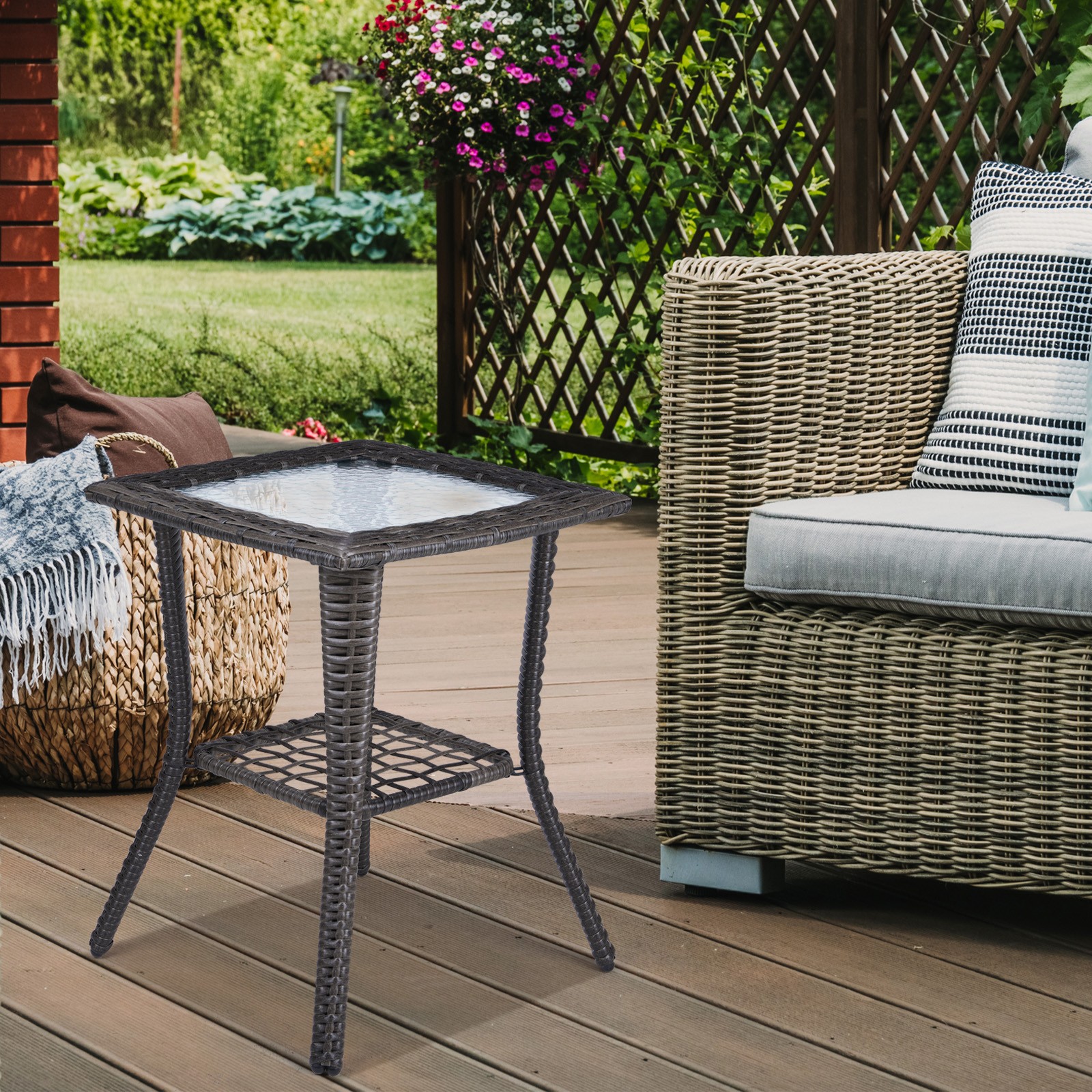 Outdoor Wicker Side Table Coffee Bistro Table, Rattan End Table with Glass Top