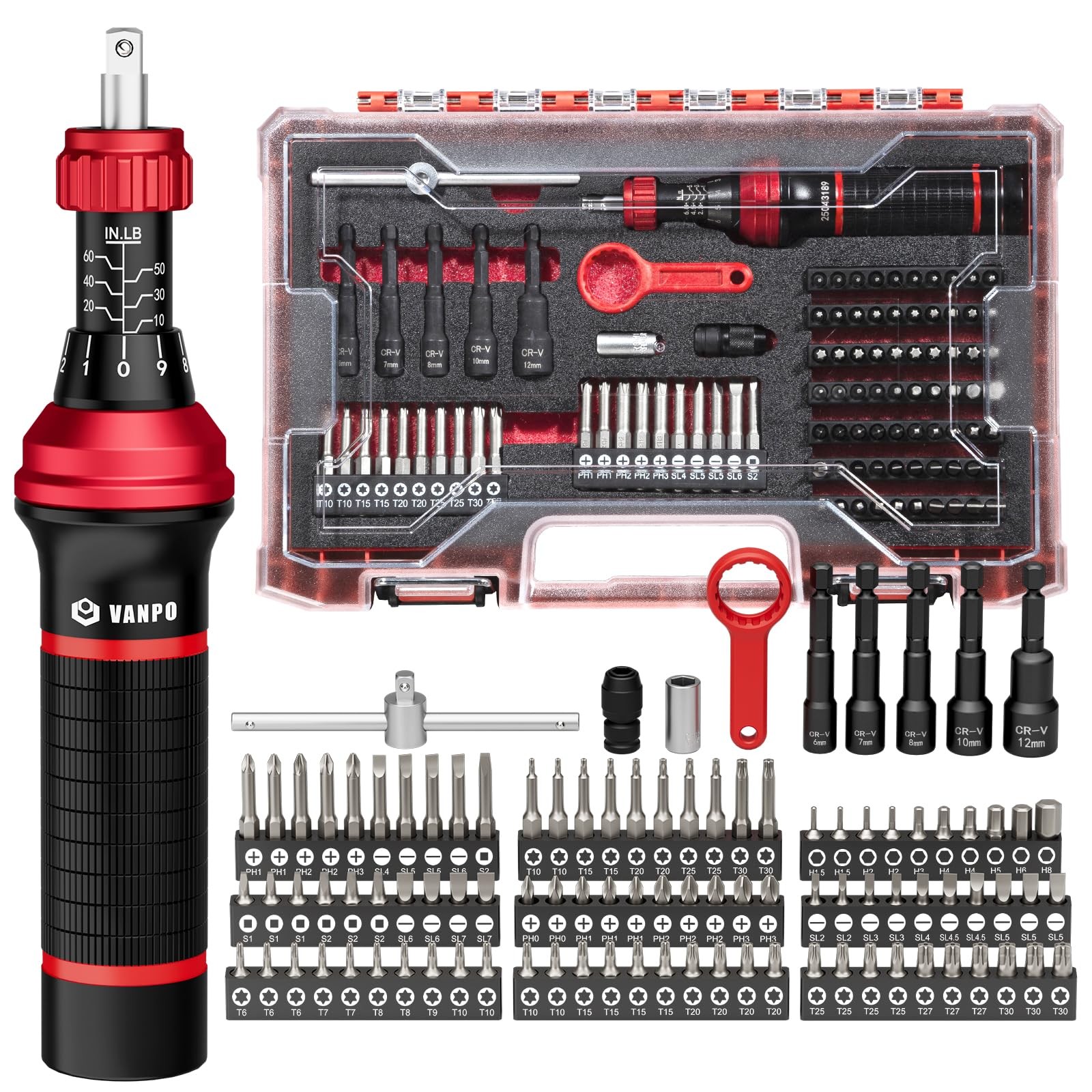 VANPO Torque Screwdriver Set 10-60 in-lb, 99-Piece in.lb, Black Red