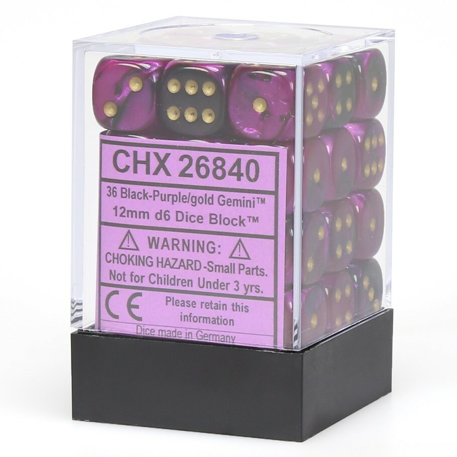 CHESSEX GEMINI 12mm SET OF 36 D6 BLACK-PURPLE & GOLD for MTG Warhammer