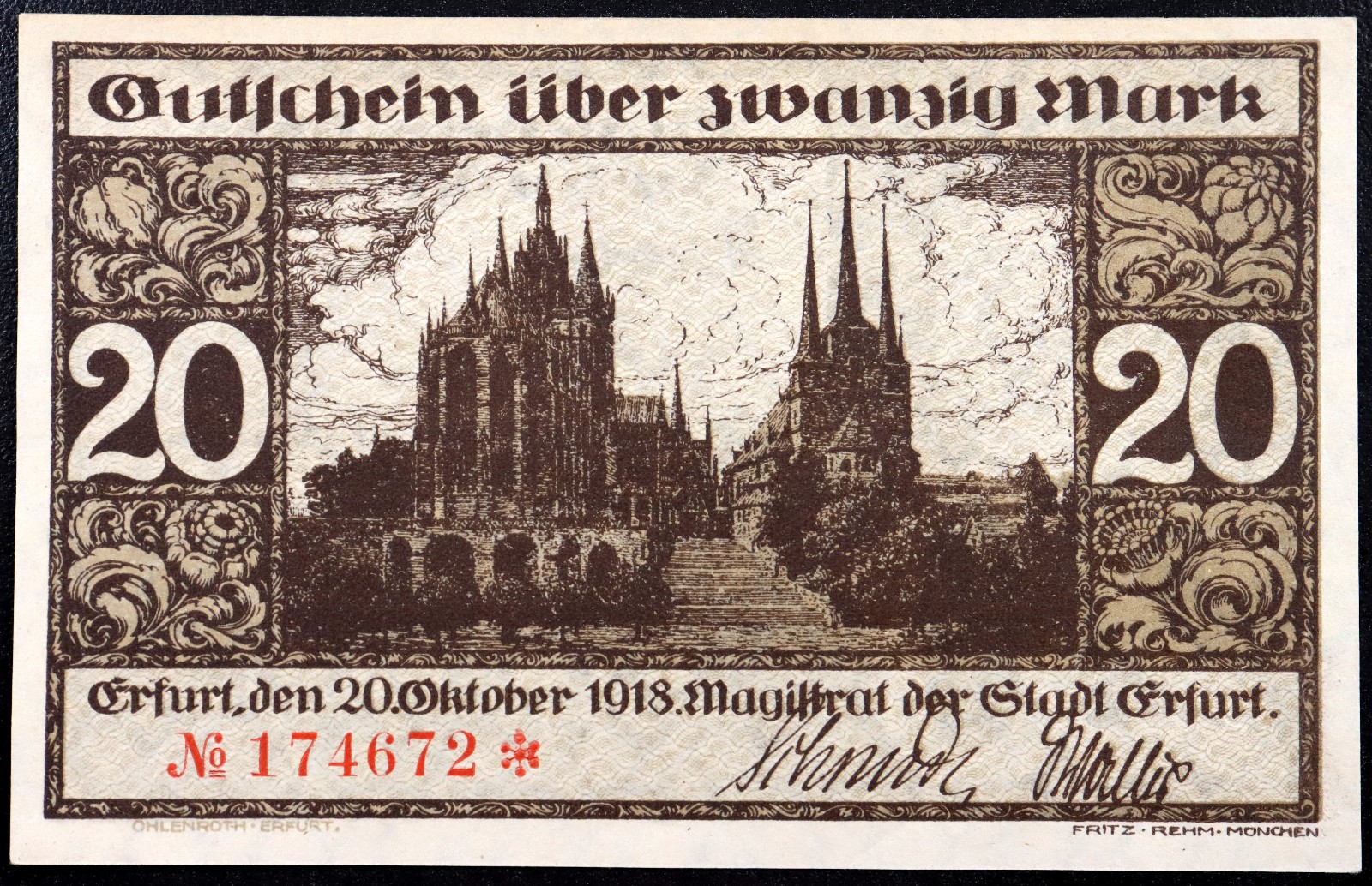 ERFURT 1918 20 Mark Grossnotgeld WWI German Notgeld