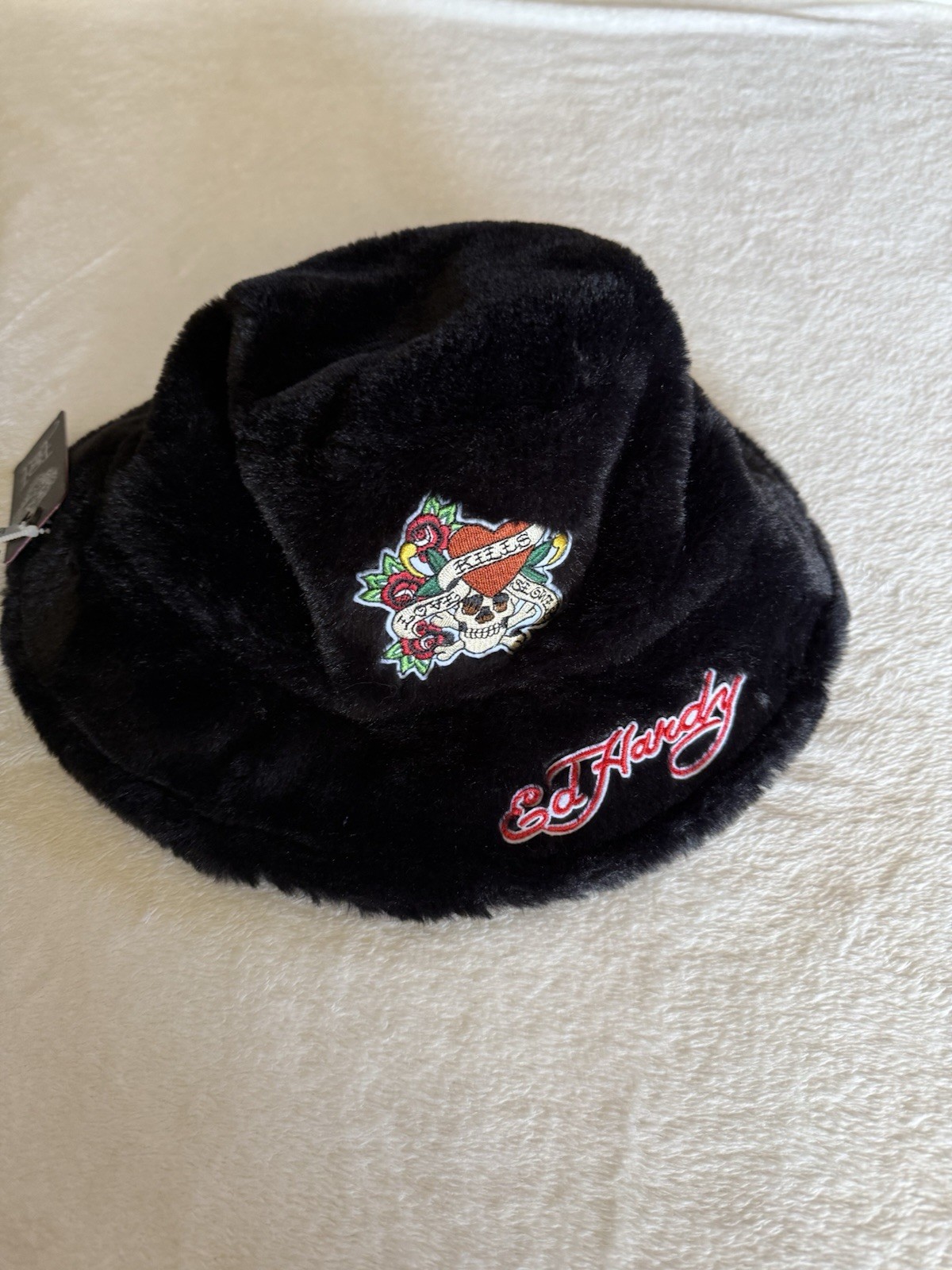 Ed Hardy Love Kills Slow Slowly Bucket  Faux Fur Boonie Hat Black OS NWT