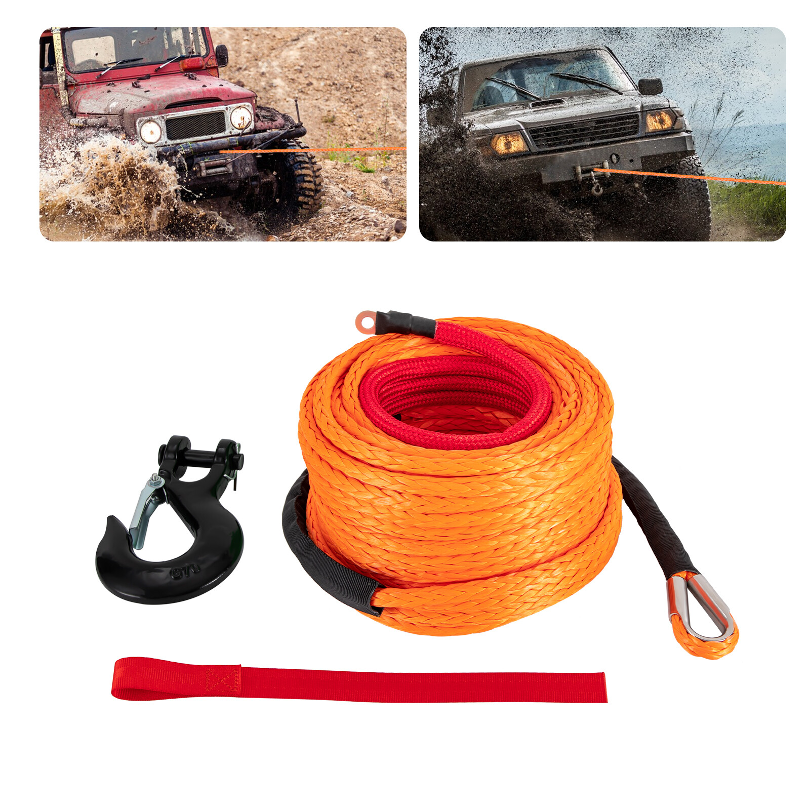 3/8x100ft Synthetic Winch Rope with Hook, Winch Cable+Protective Sleeve Orange