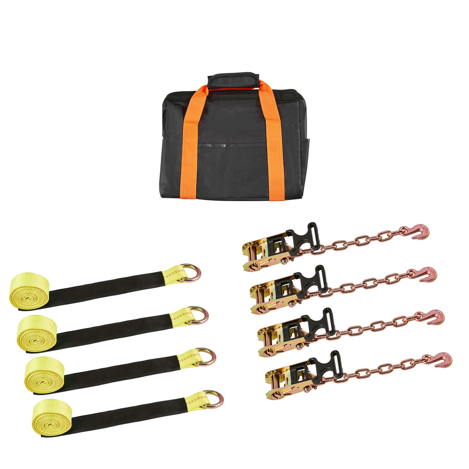 4 Set Wheel Chock Tie-Down Kit Flatbed Ratchet Tie Down Strap w/Durable Hooks
