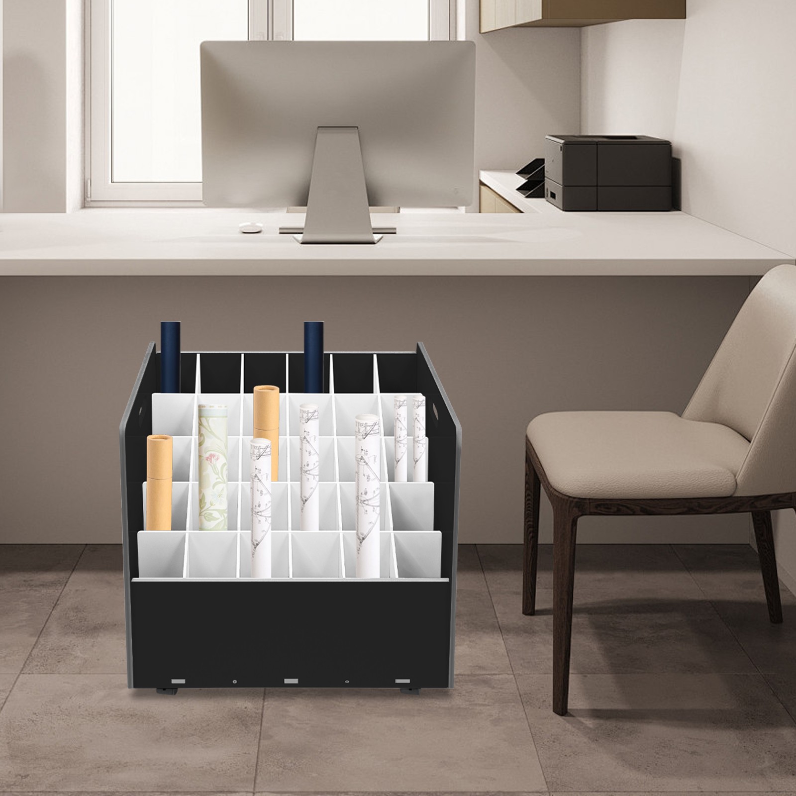 Mobile Roll File Storage Rack, Roll Files Storage Cabinet with Wheels, 30 Slots