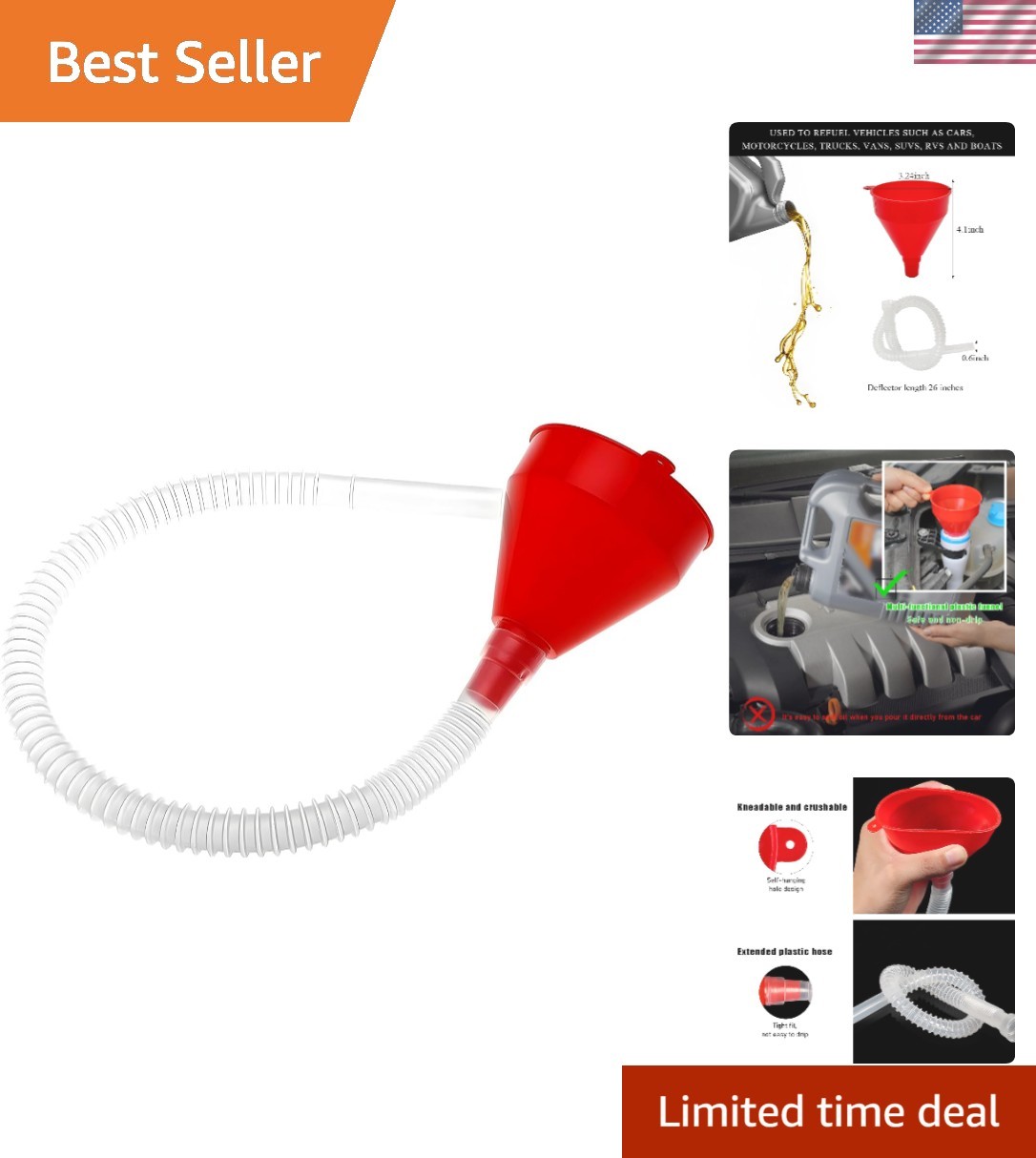 Flexible Long Hose Automotive Funnel - Ideal for Engine Oil, Fuel & Fluids