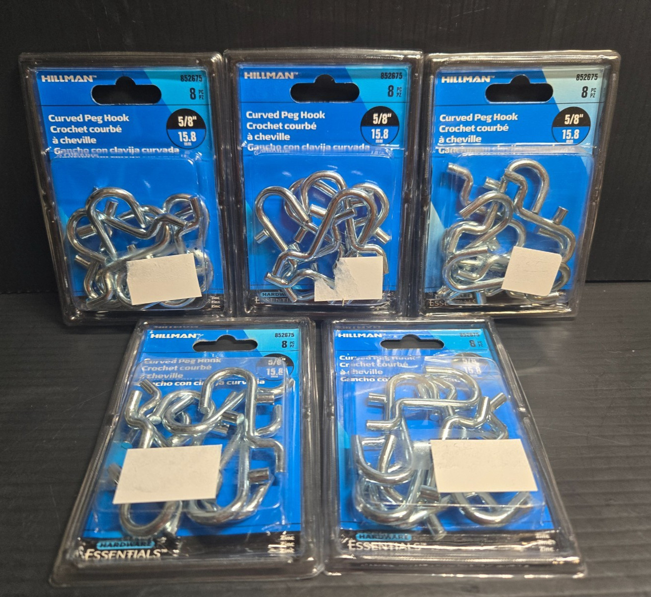 5 New Packs of Hillman 5/8" Curved Pegboard Hooks #852675 - 8/pc Per Pack (03)