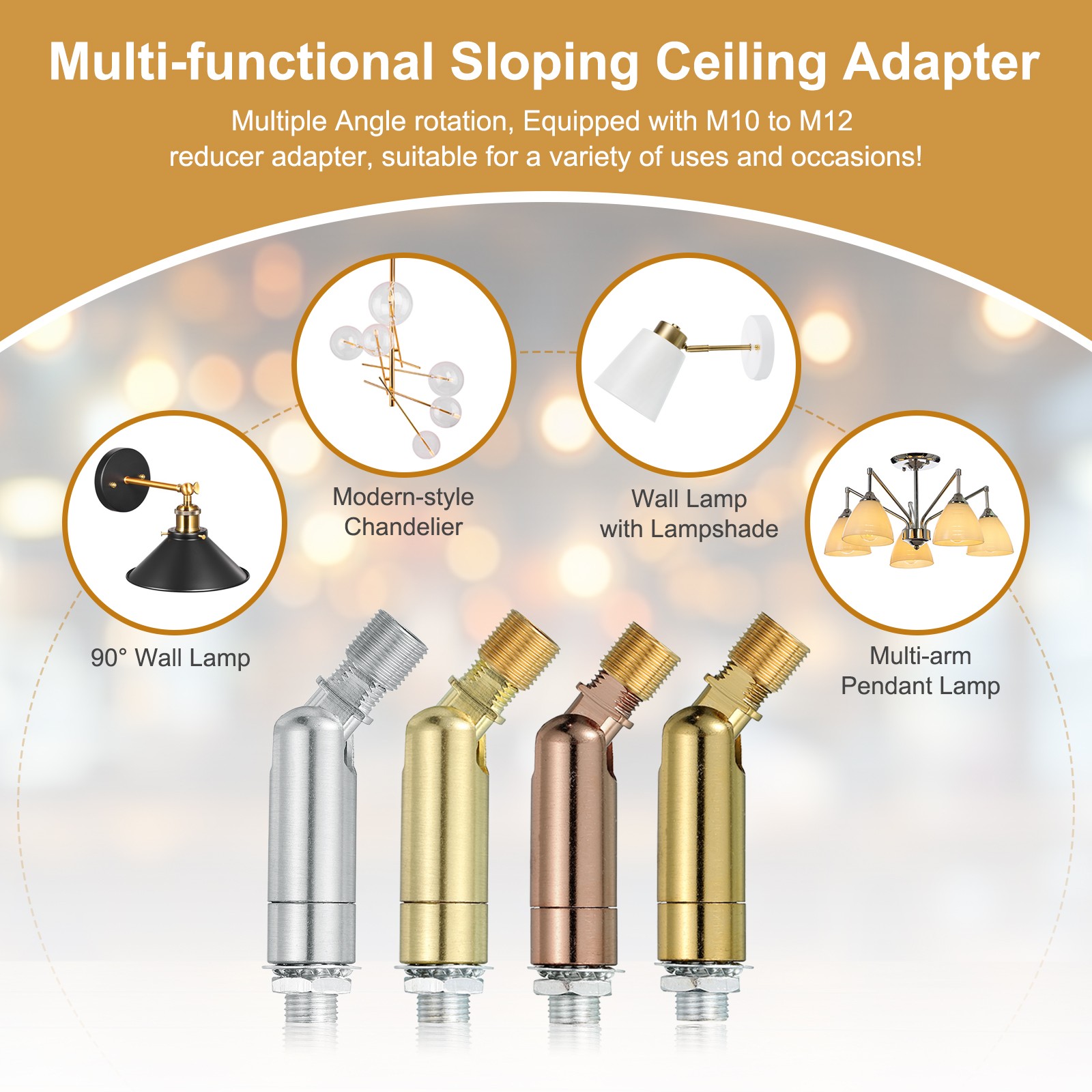180/345 Degree M10 Thread Silver 60 x 15.6mm Sloped Ceiling Adapter