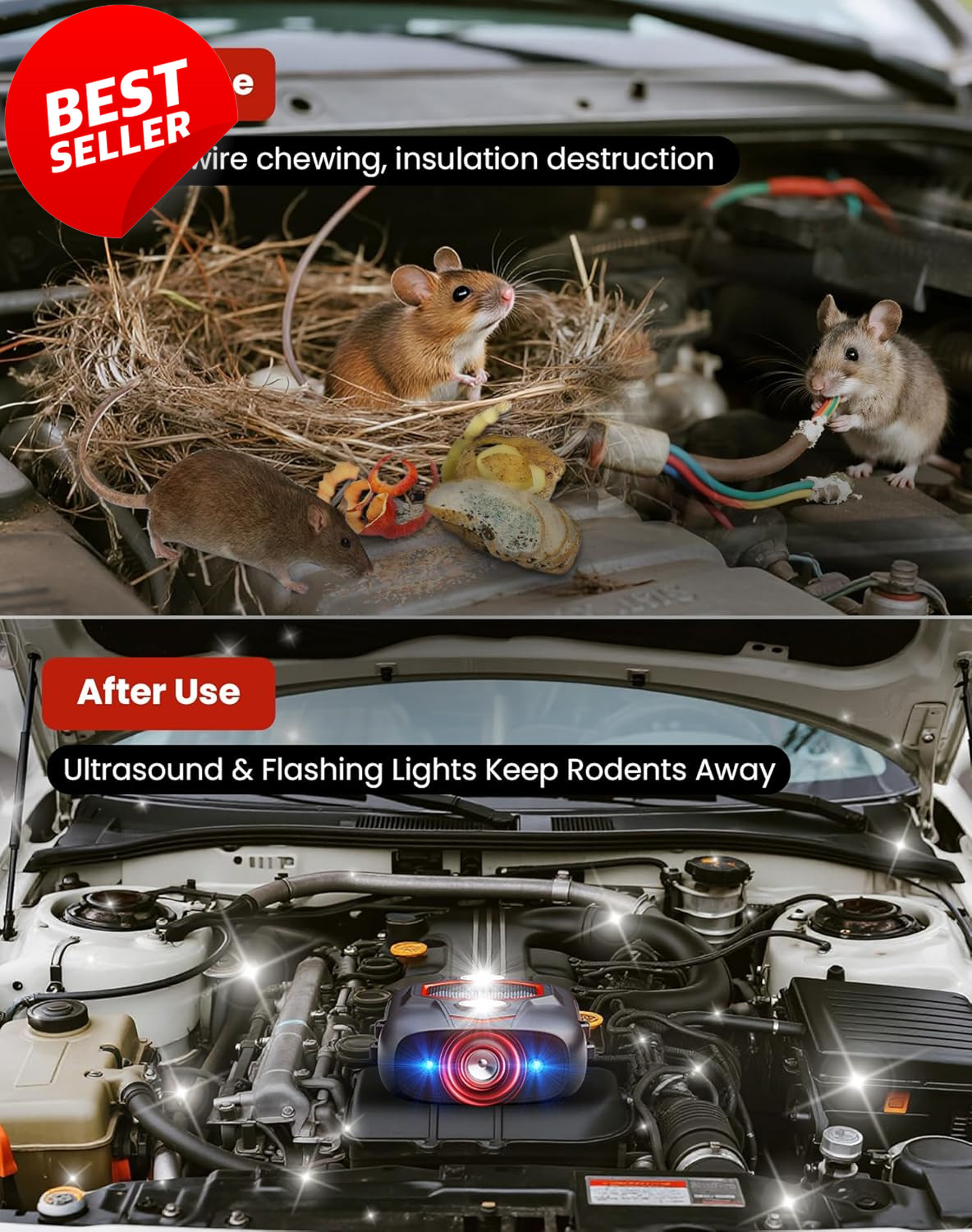 Ultrasonic Rodent Repellent Car Engine USB LED Mouse Rat Deterrent 2 Pack - US