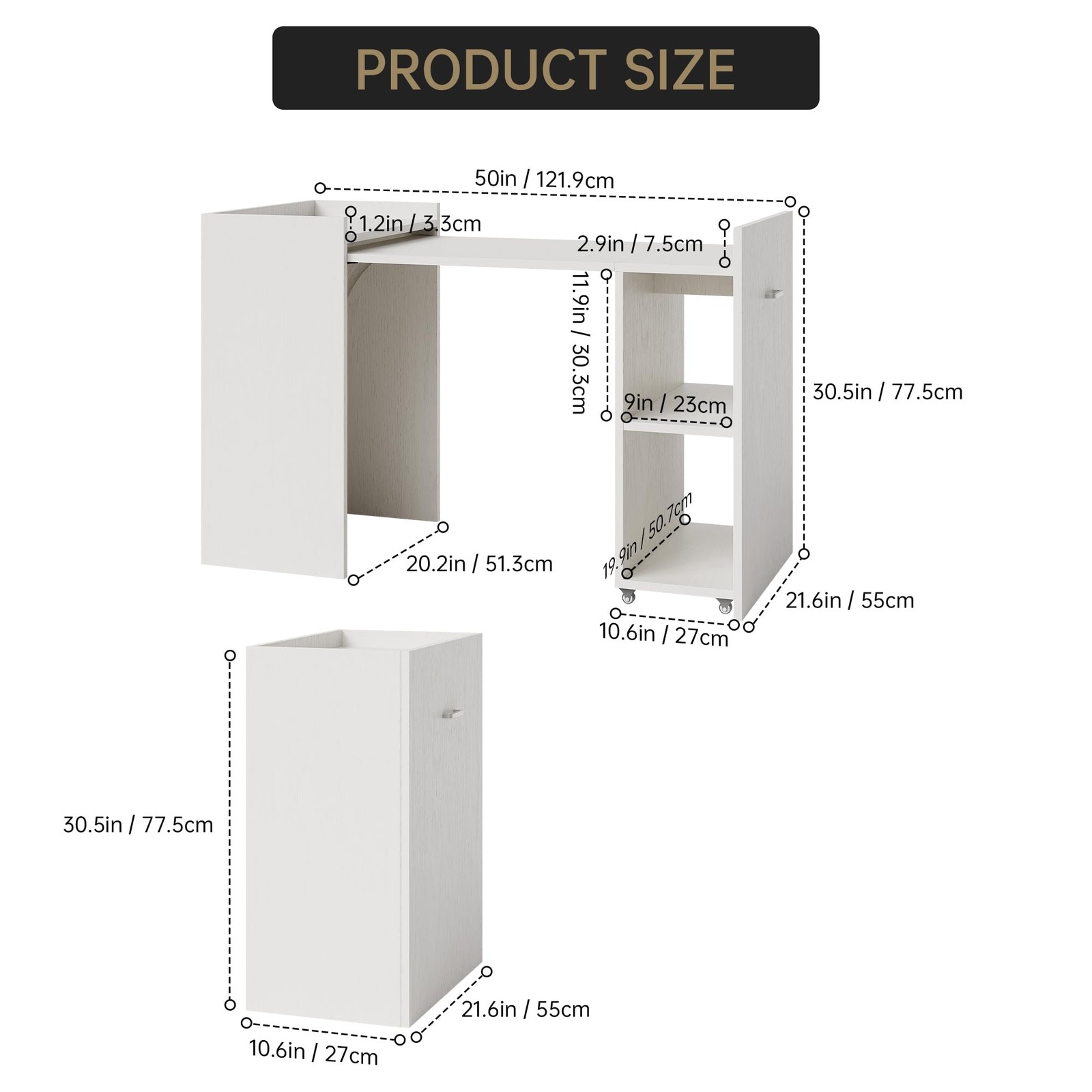 Expandable Foldable Desk 50" 2-Tier Storage Wheels Space-Saving Study