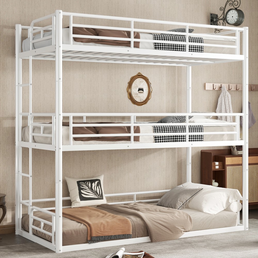 Twin over Twin over Twin Bunk Bed, Metal Triple Bunk Bed with Safety Guardrails