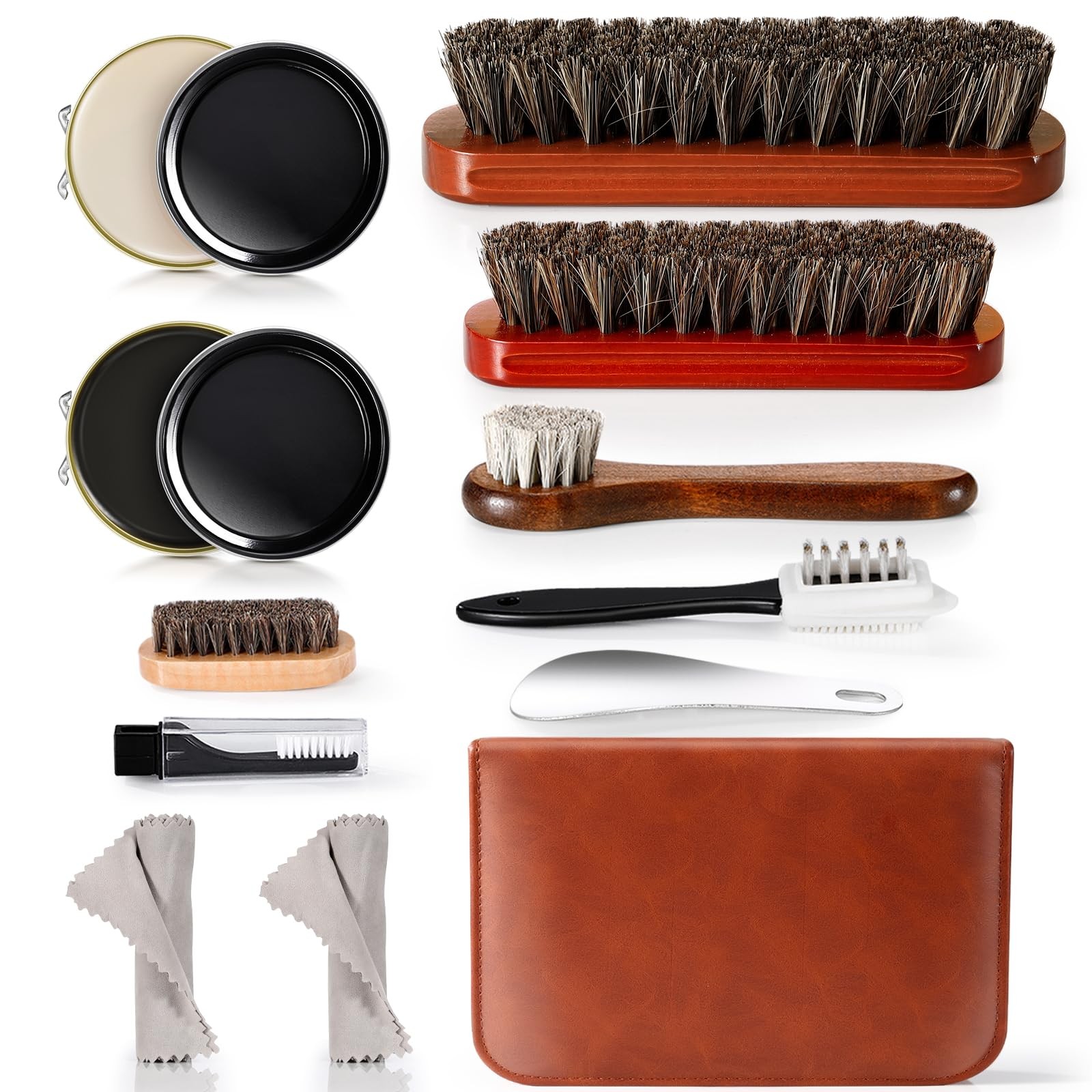 11Pcs Leather Shoe Shine Kit for Men & Women - 3 Horsehair Brushes, Black & N...