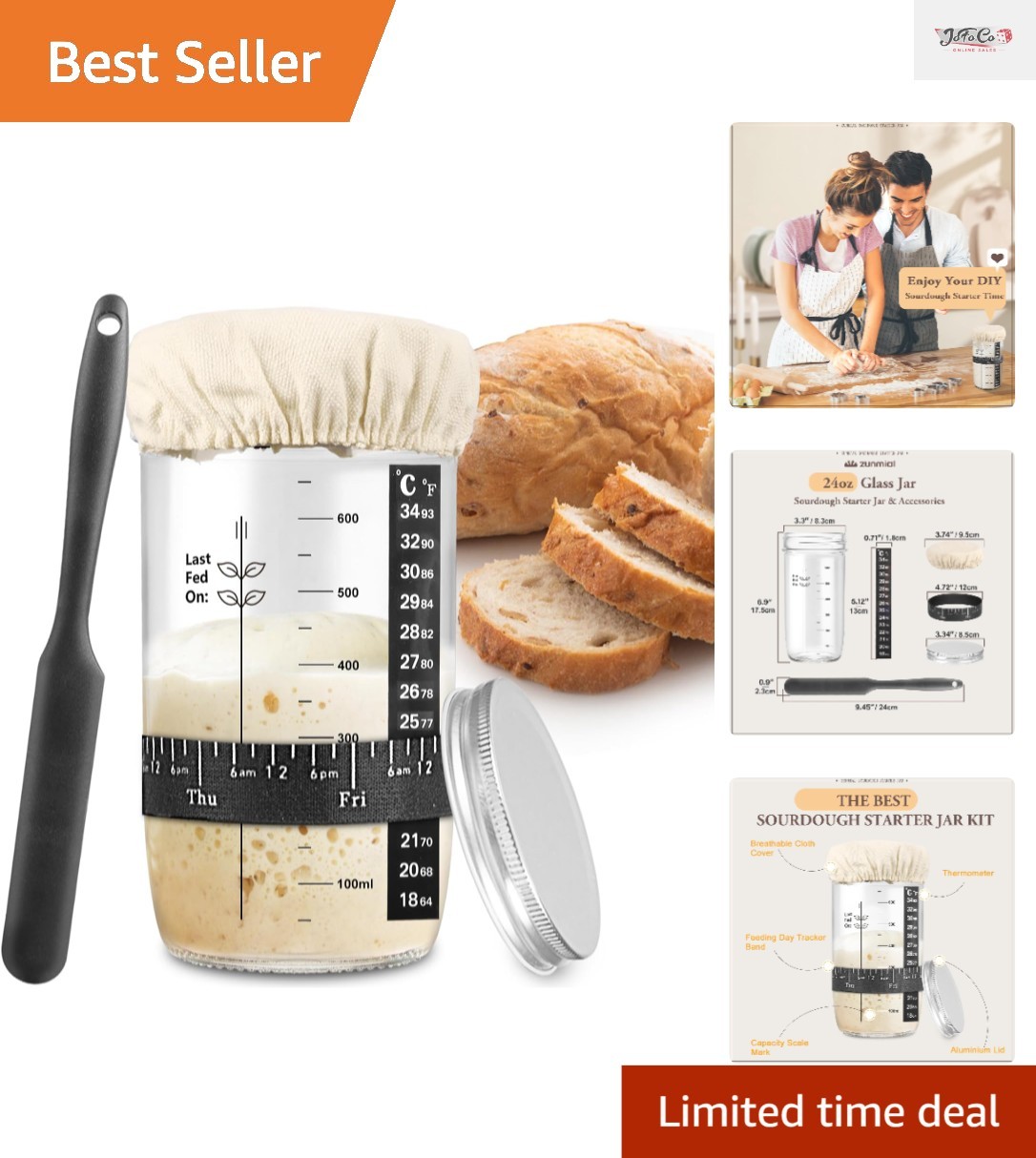 Complete Sourdough Starter Kit: 24 oz Jar, Tools & Airtight Lid for Freshness