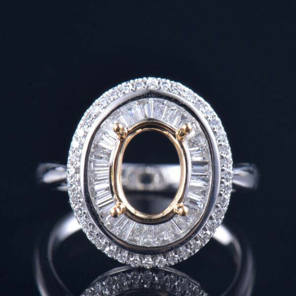 Custom Oval Cut 10×8MM Natural Baguette Diamond Semi Mounting Halo Ring 14K Gold