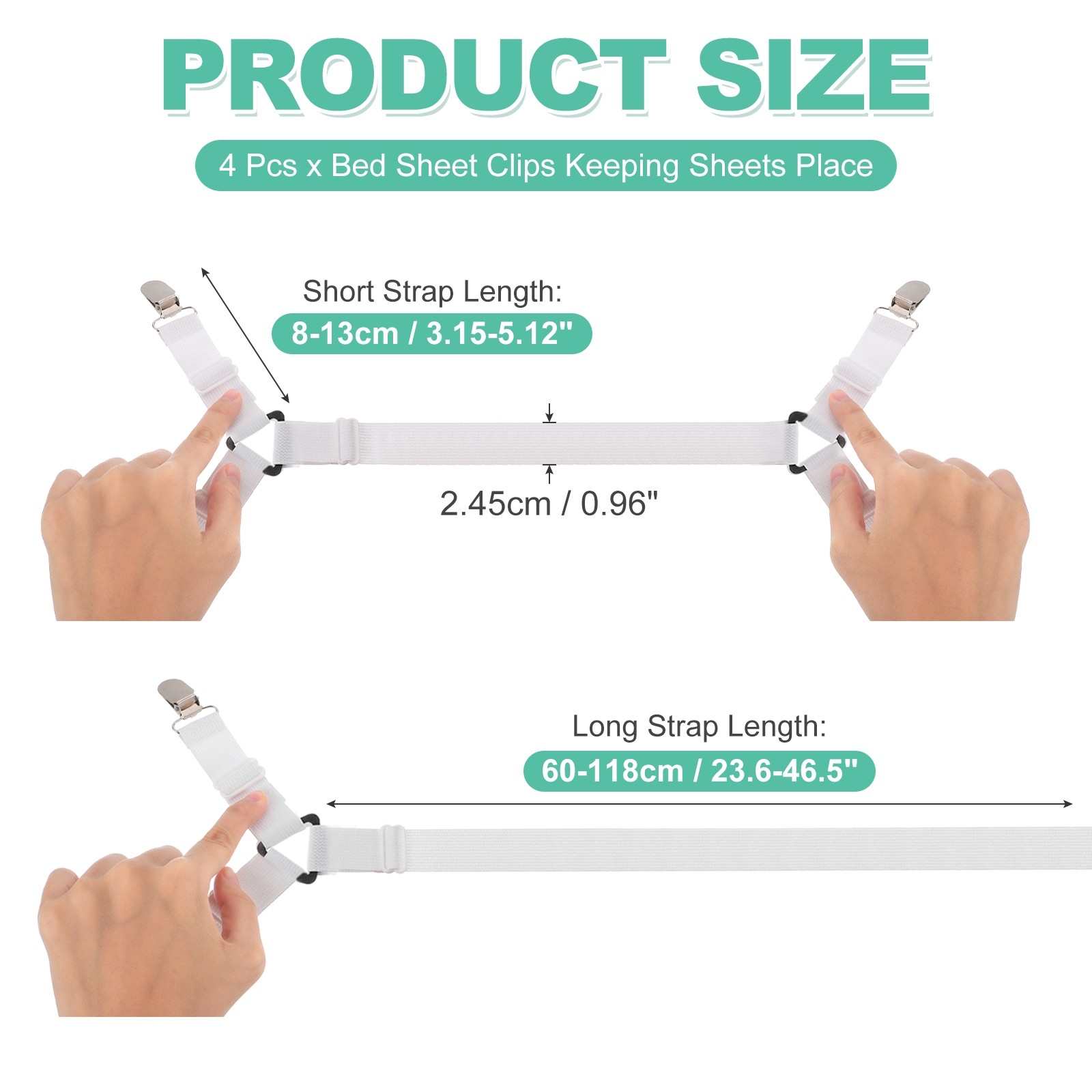 4Pcs Bed Sheet Holder Straps Elastic Adjustable 2 Way Cross 4 Clips, White
