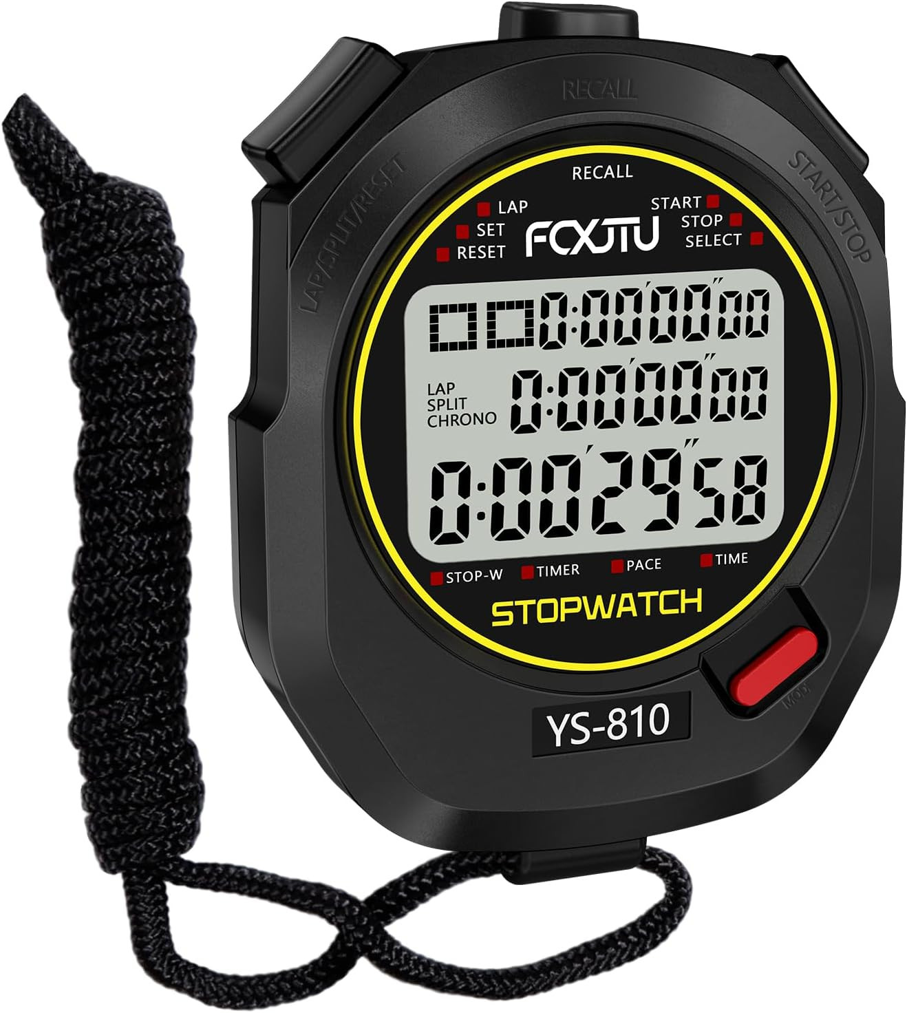 Digital Sports Stopwatch with 10 Lap Memory, Alarm, and Large Display (Black)