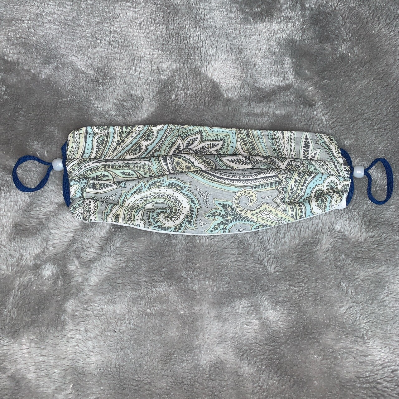 One Size Fabric Washable Reversible Face Mask Gray Aqua Paisley Print White
