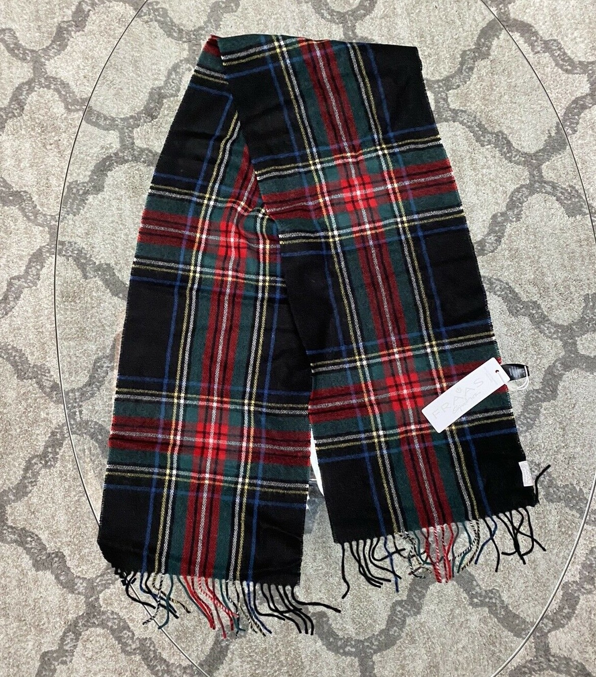 Fraas Signature Plaid Fringe Scarf BLACK Multicolor 64"x11" 100% Wool NWT$68