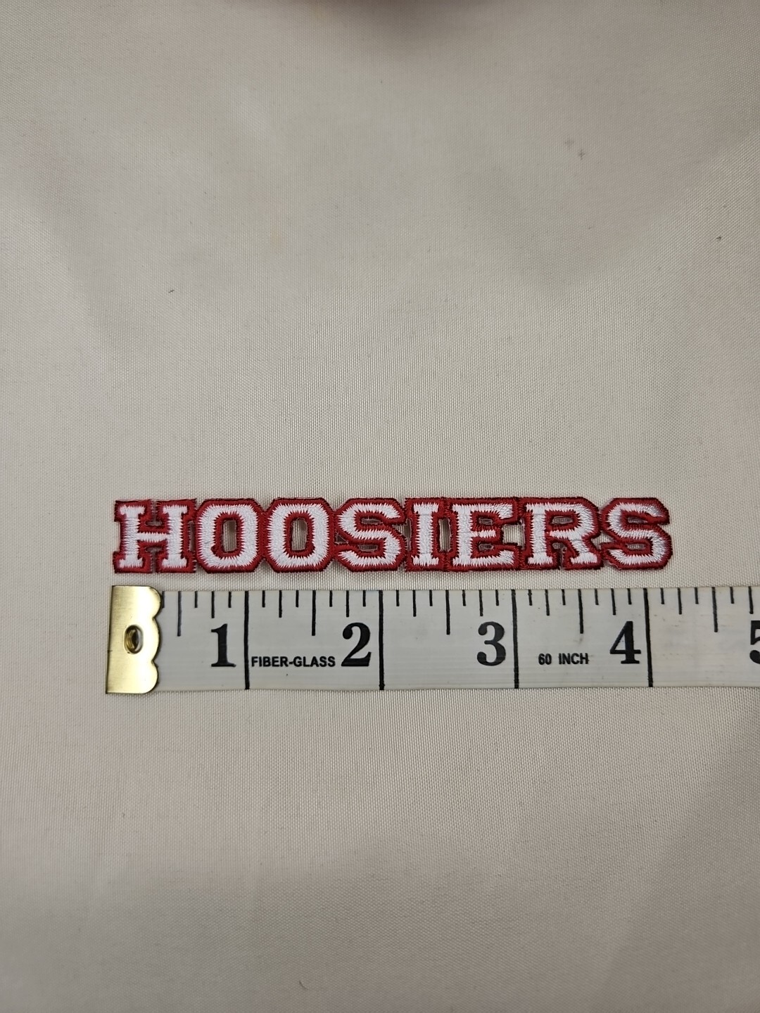Hoosiers Iron On Embroidered Patch - White Lettering With Red Outlines