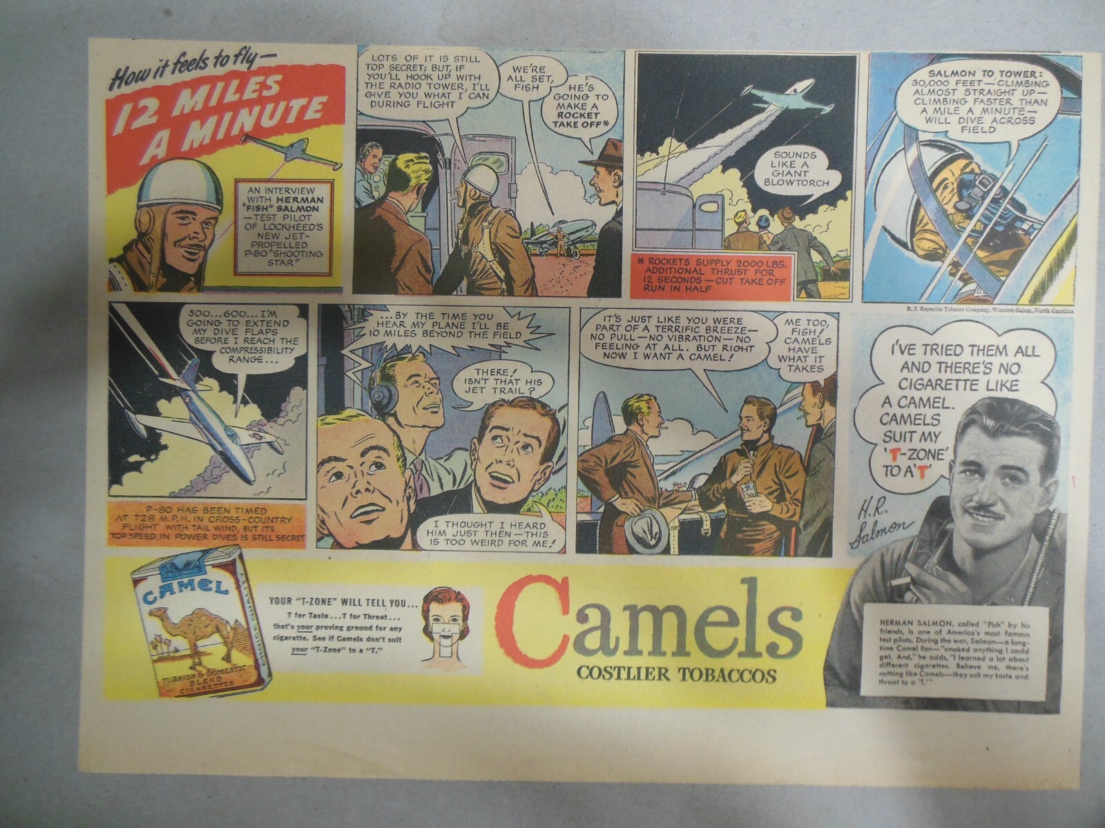 Camel Cigarette Ad: Test Pilot Herman "Fish"  Salmon from 1946 Size 11 x 15 inch