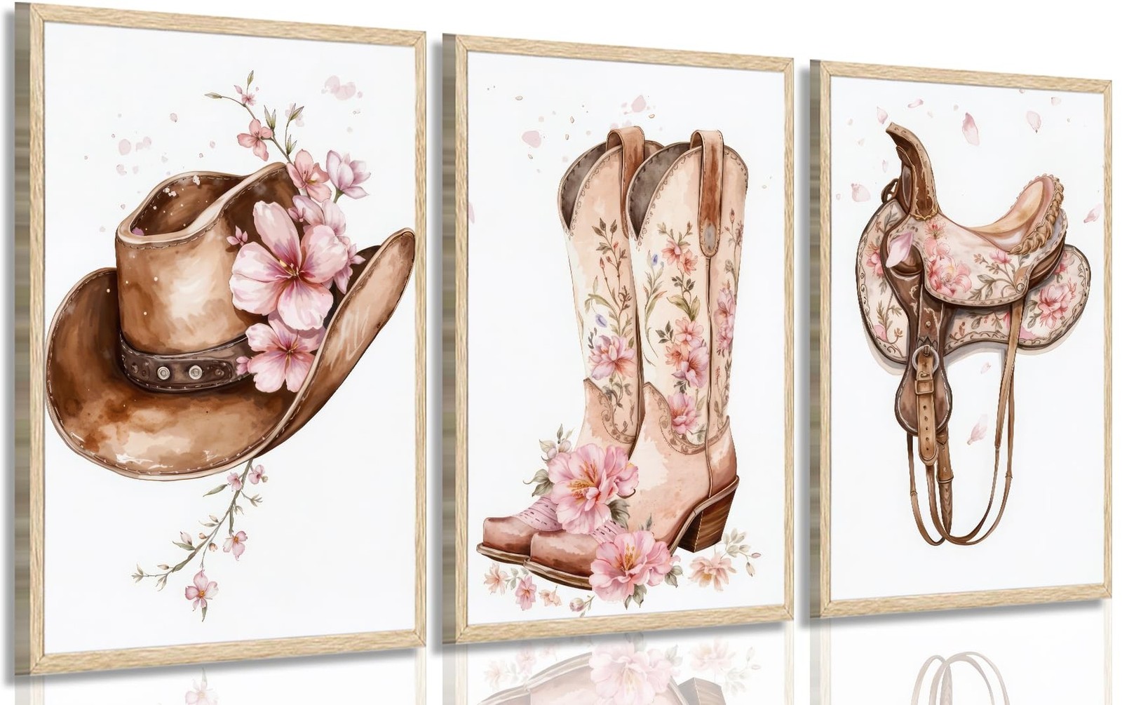 Tertiosh 3Pcs Western Cowgirl Wall Art Retro Western Flower Boots Hats Wall D...