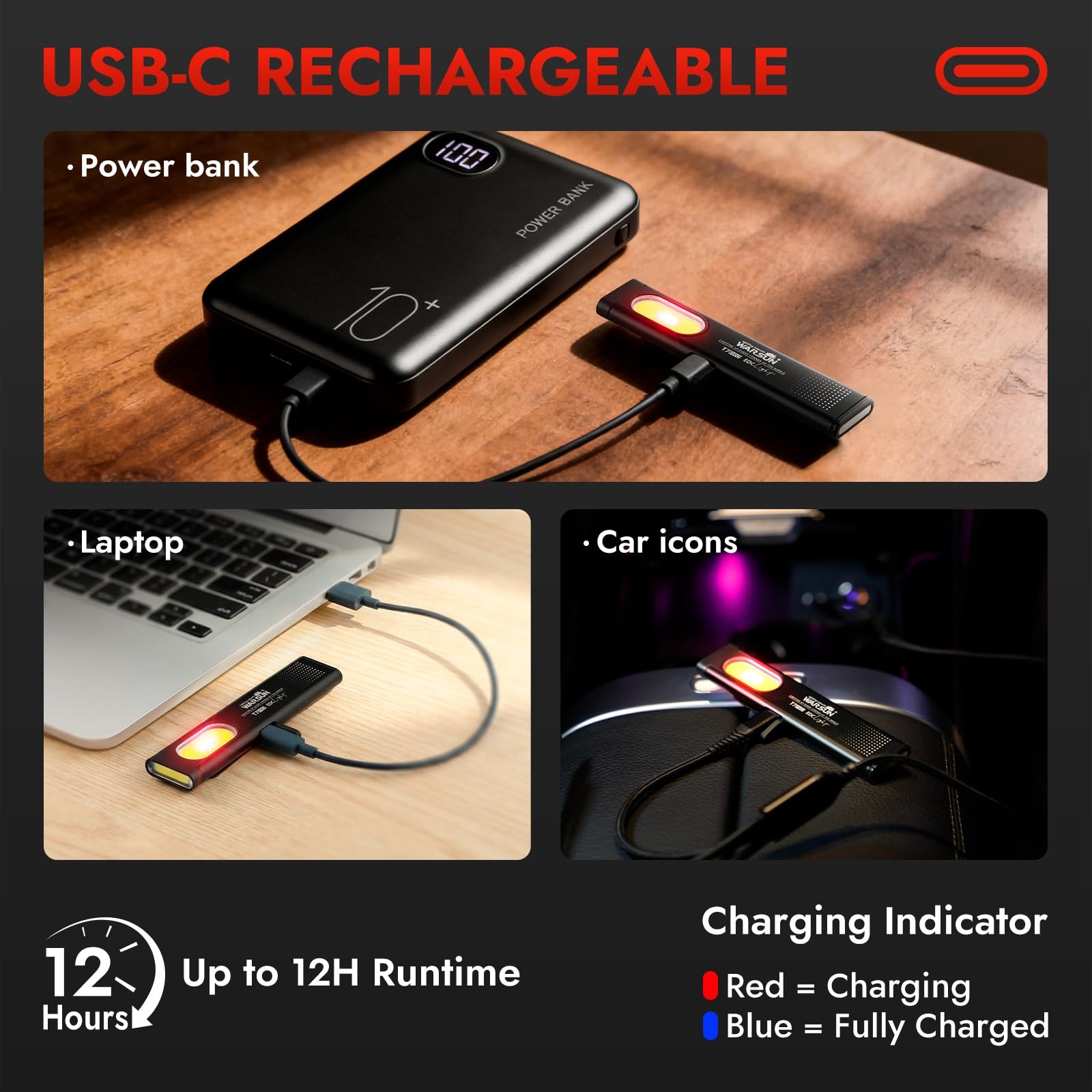 WARSUN T7 Rechargeable EDC Flashlight, Slim Pocket Flashlight with Black-1Pcs