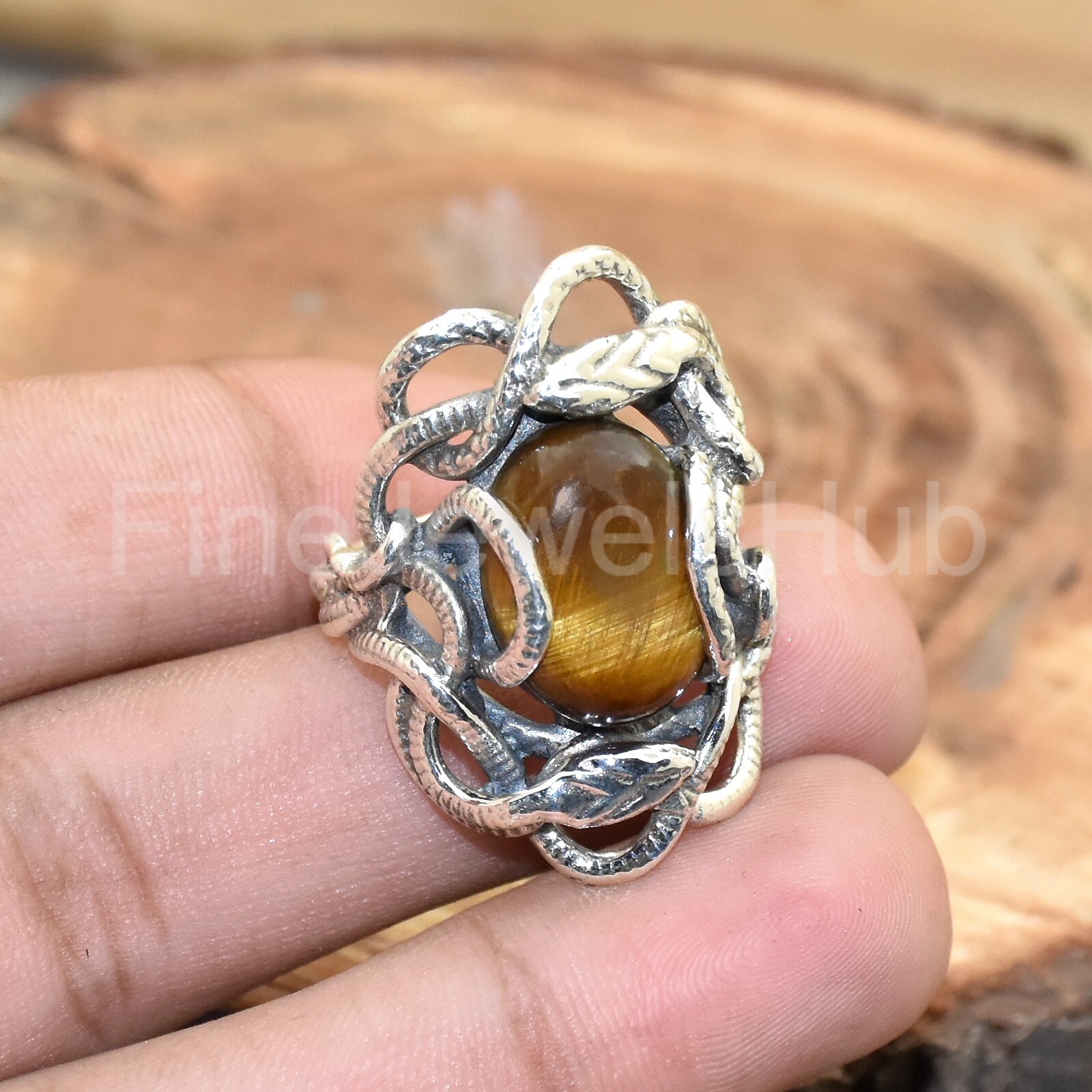 Natural Tiger Eye Ring, 925 Sterling Silver, Handmade Snake Ring Statement Ring