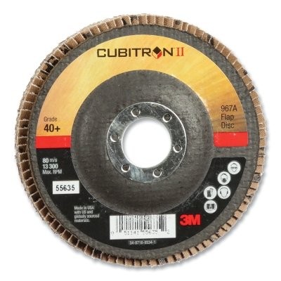 Cubitron™ II 967A Flap Disc, 4-1/2 in dia, 40+ Grit, 7/8 in Arbor, 13300 RPM 3M™