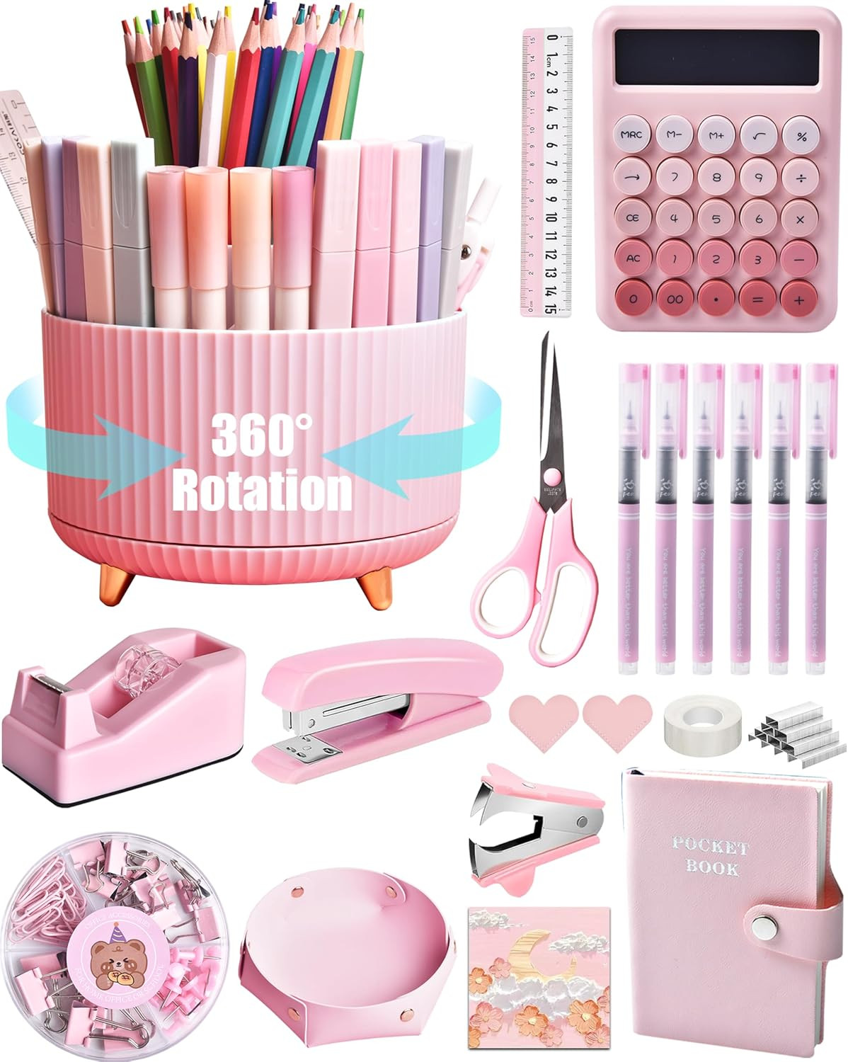 Pink Desk Accessories, 20Pc Office Supplies and 360°Pen Holder Desk Organizers,