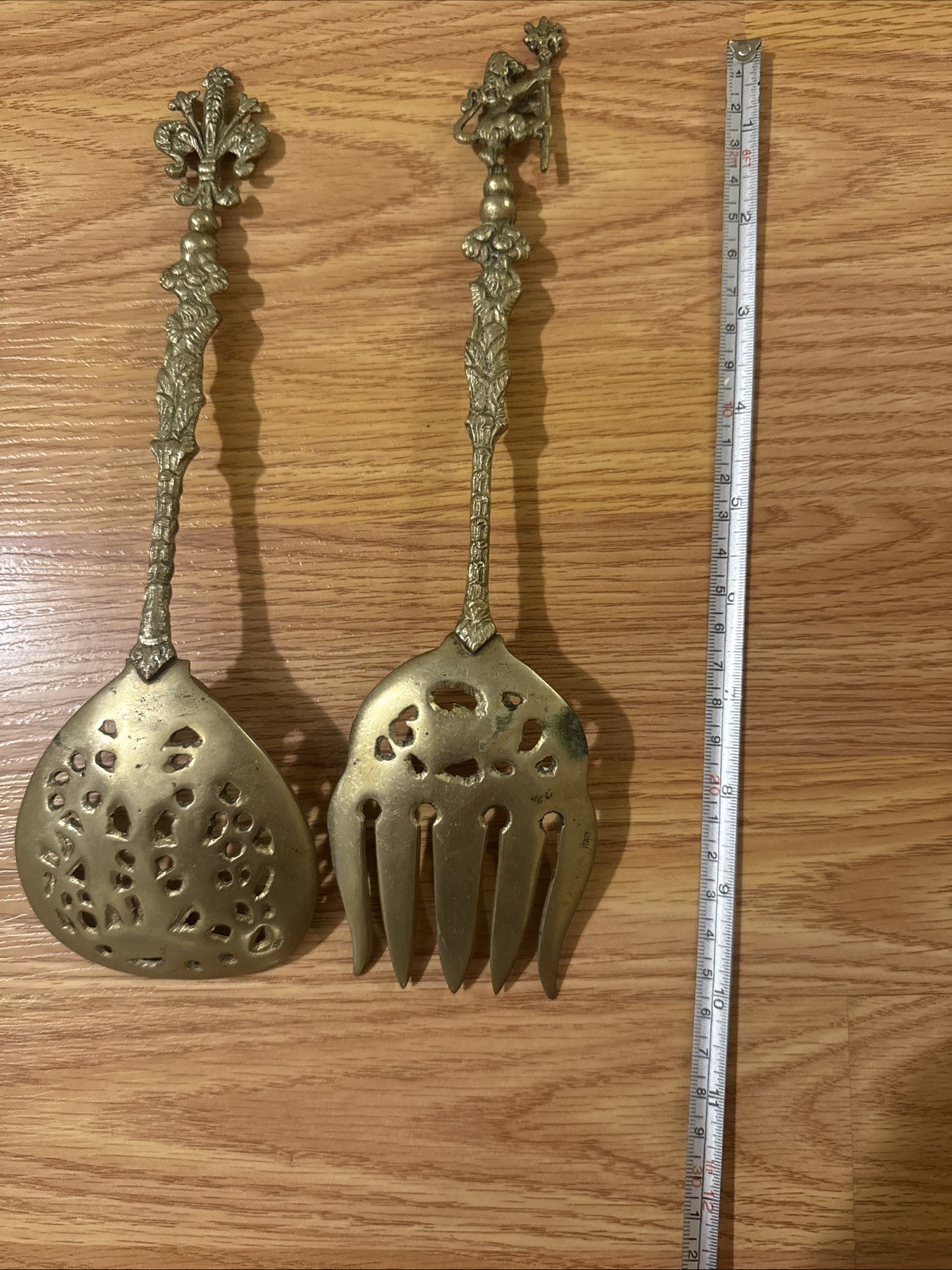 Ornate Brass Serving Spoon Fork Set Italy Cherub Design