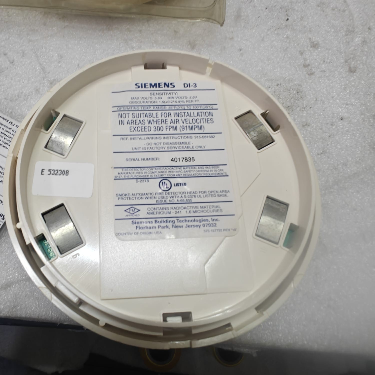 SIEMENS DI-3 SMOKE AUTOMATIC FIRE DETECTOR DI-3