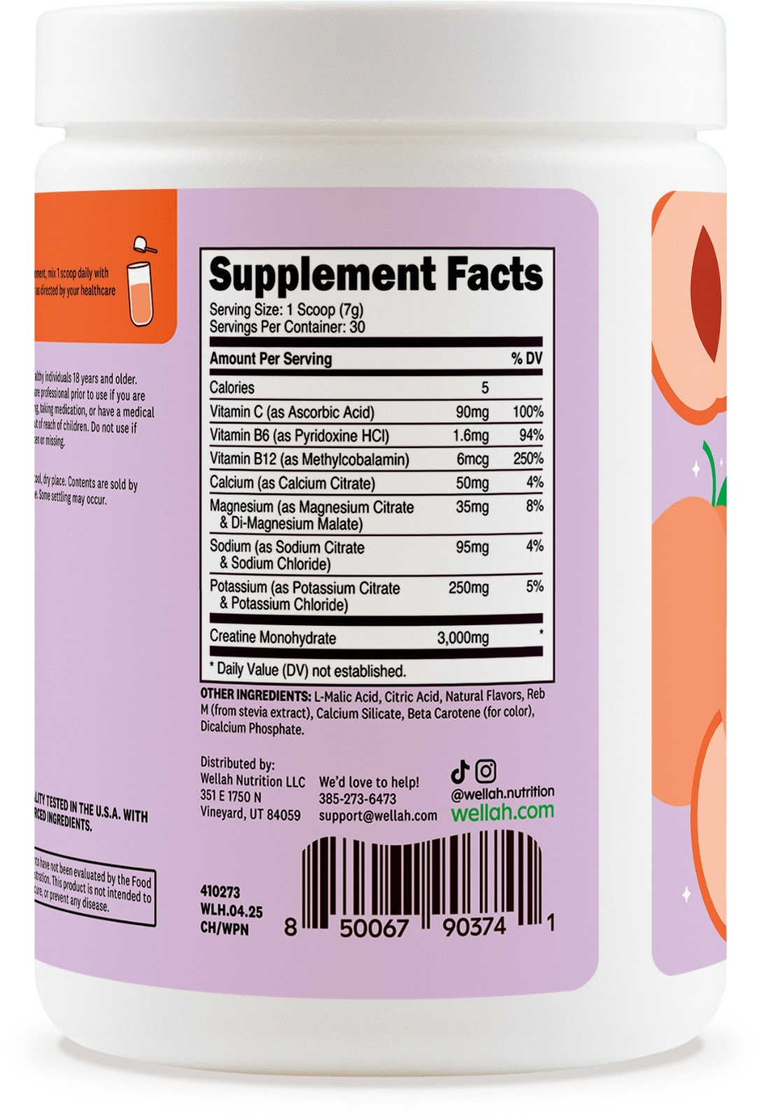 Wellah Creatine + Hydration Powder (White Peach Nectarine) 30 Servings